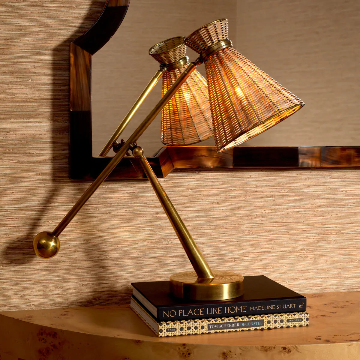Tischlampe KON TIKI Rattan mit antikem Gold