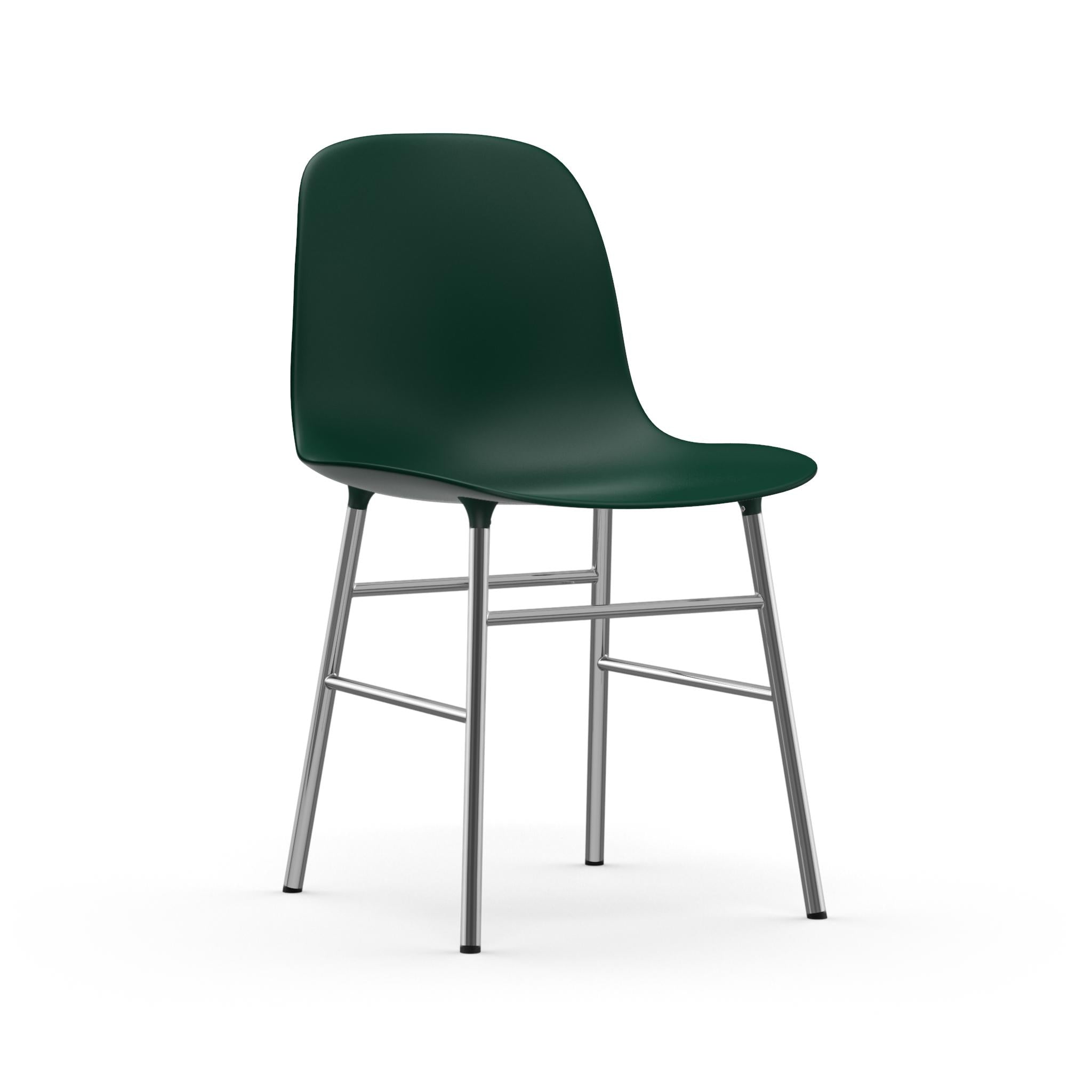 A chair of green forms with a chrome base