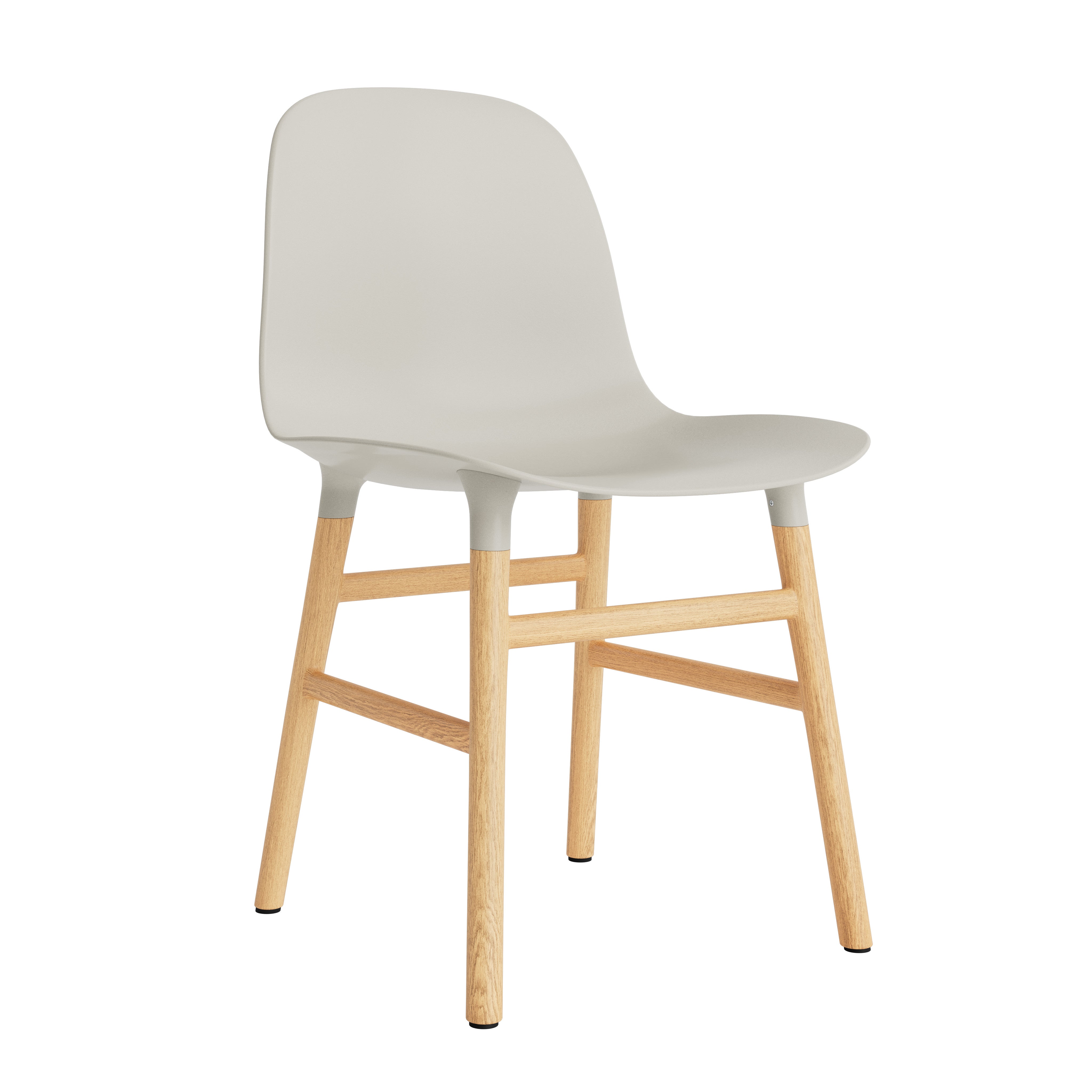 A chair of light gray forms with an oak base