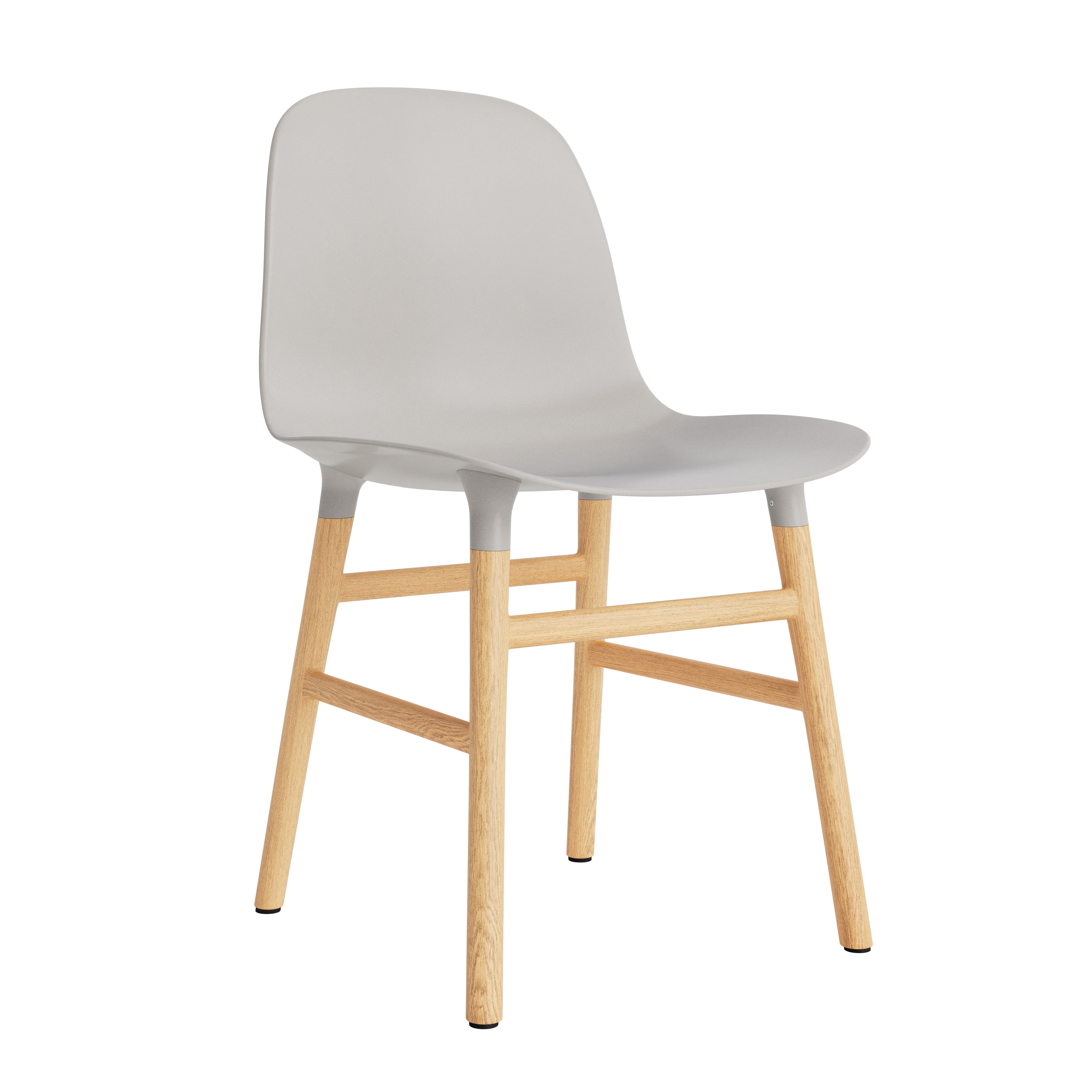A chair of forms warm gray with an oak base