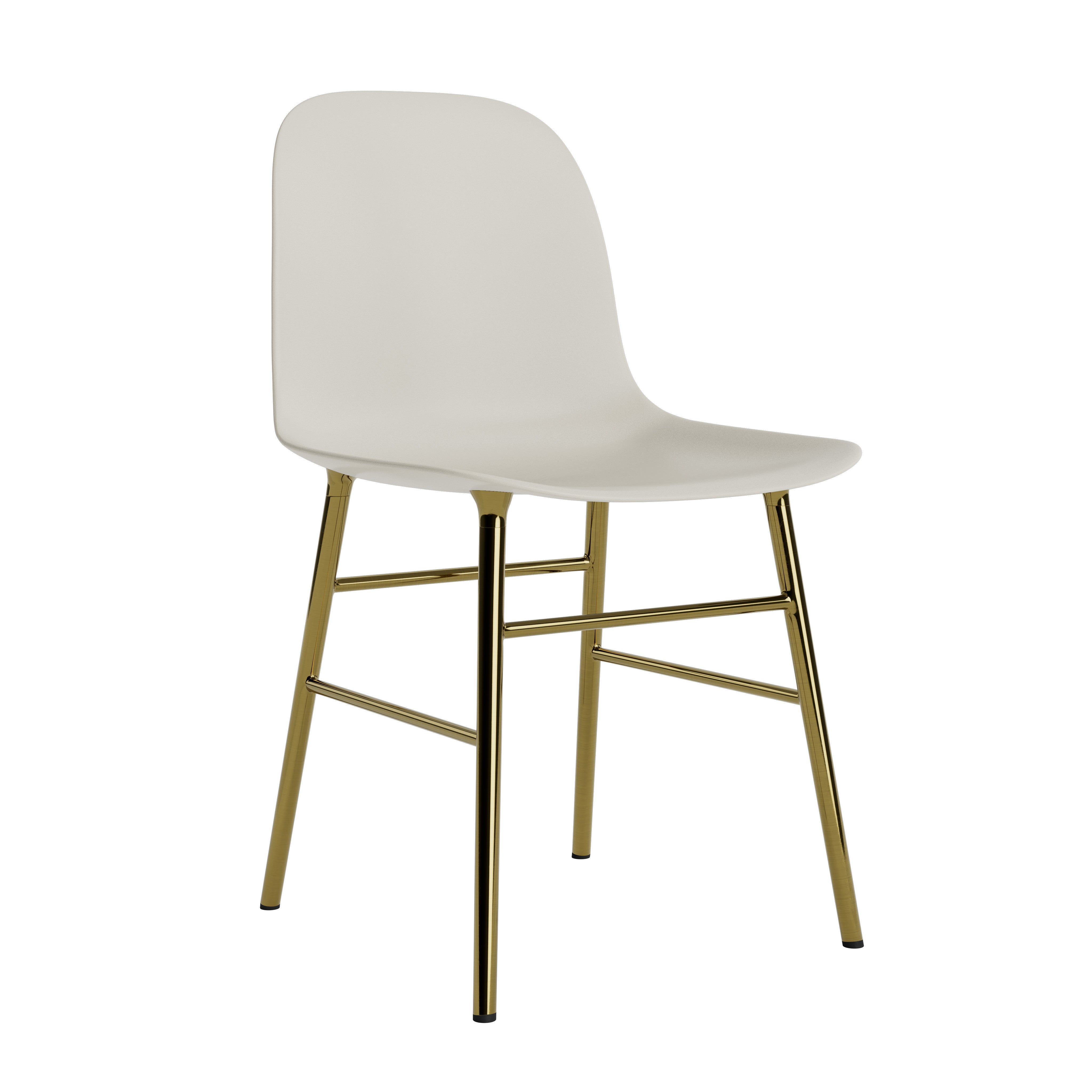 A chair of light gray forms with a golden base