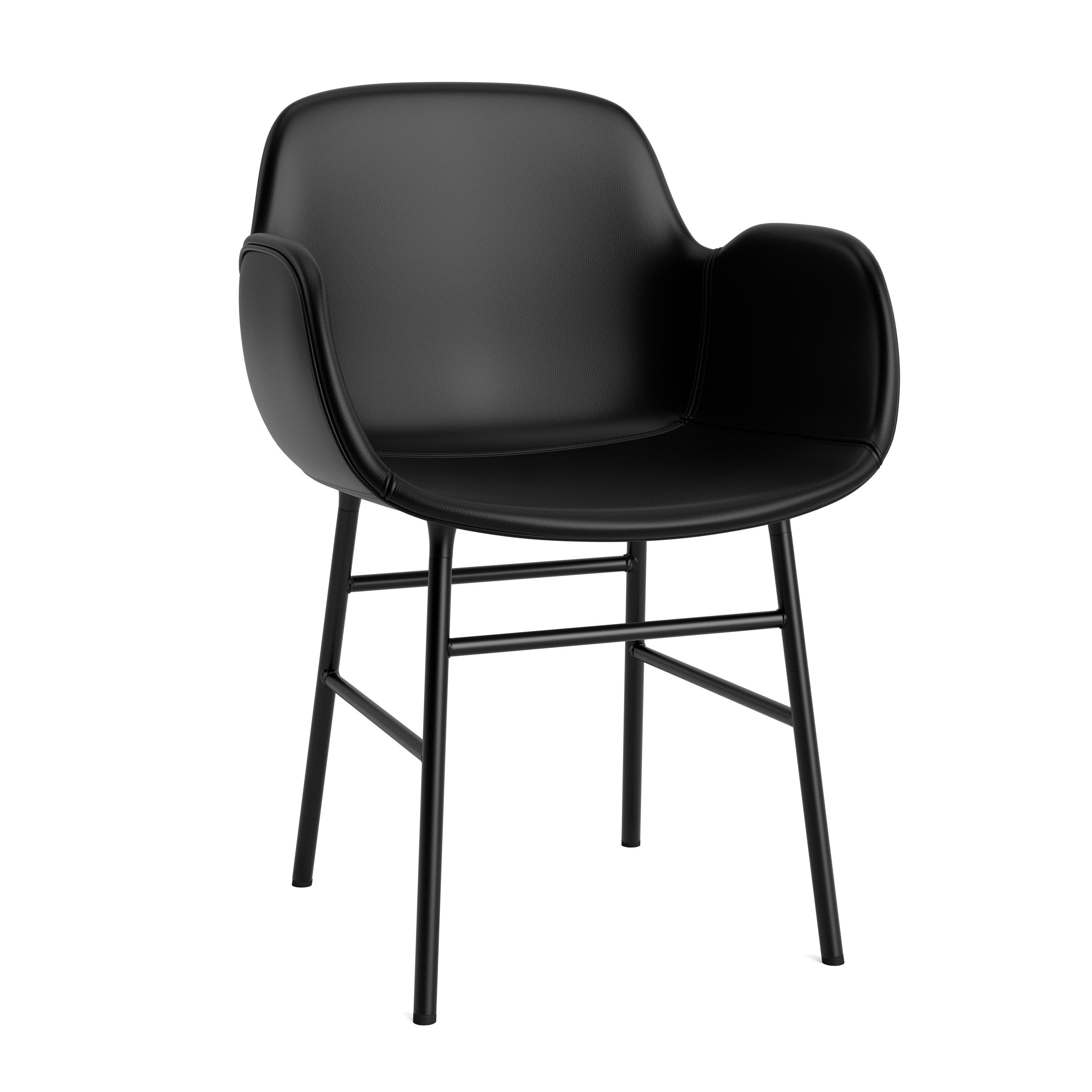 A chair upholstered with armrests of forms with a black base