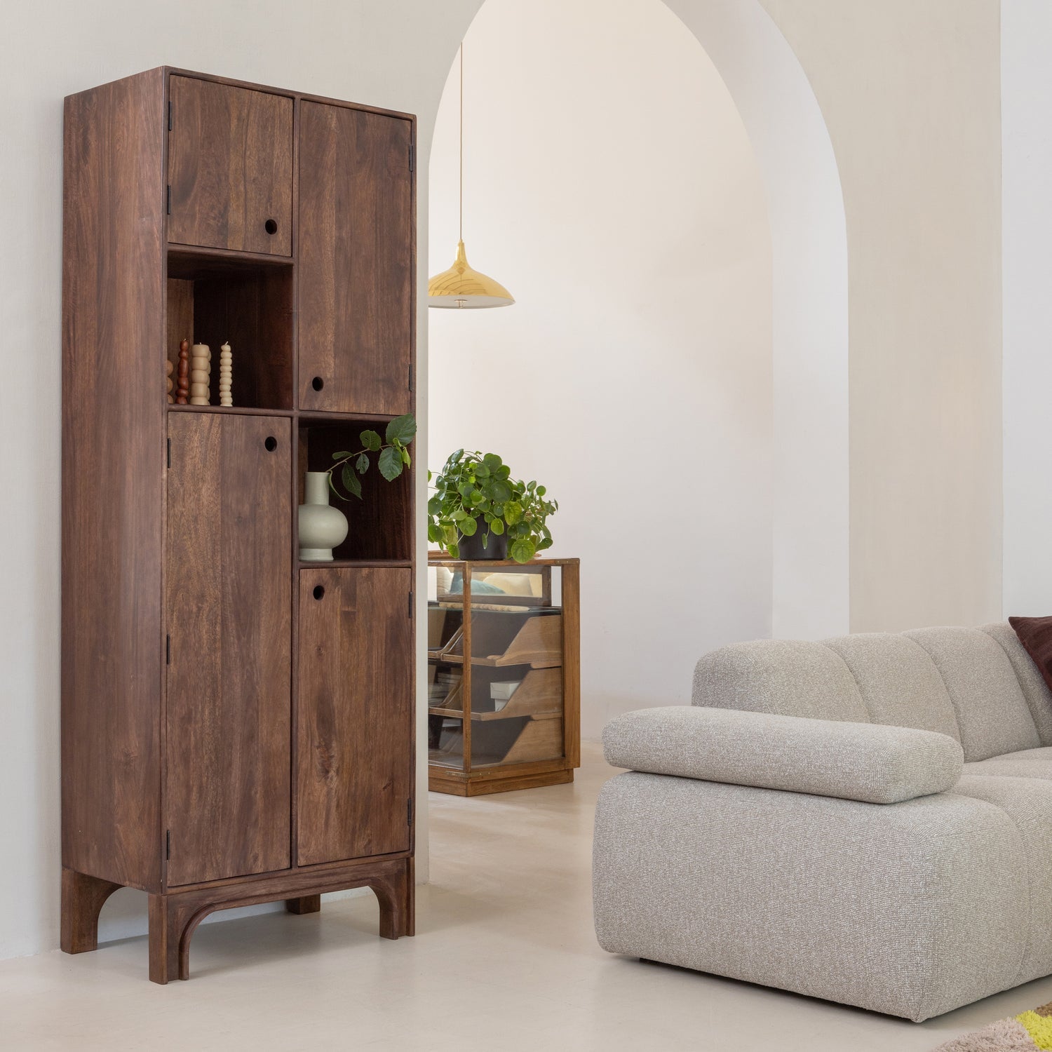 Sofa modułowa MOJO - element 1,5-osobowy lewostronny beżowy melanż bouclé