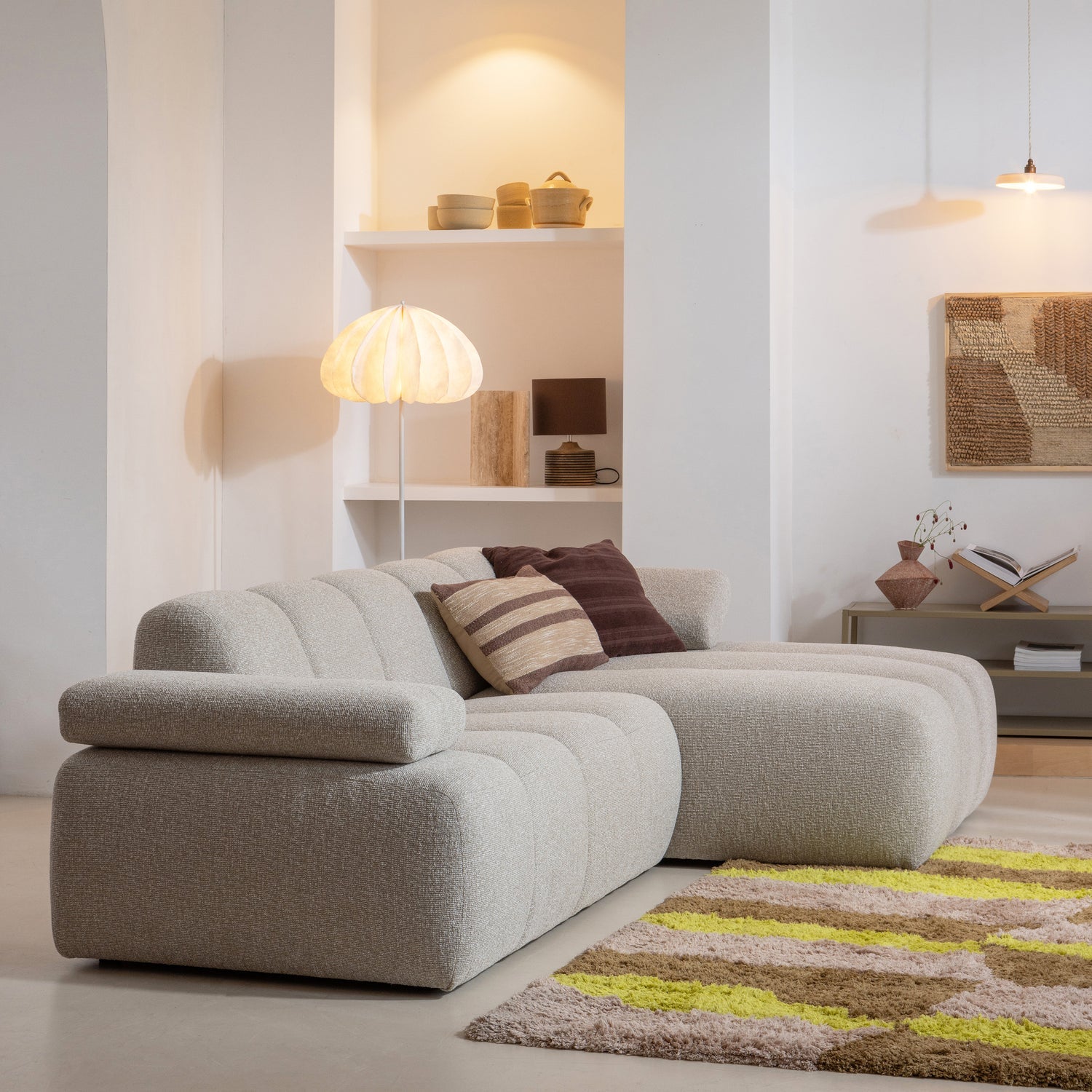 Sofa modułowa MOJO - szezlong prawostronny beżowy melanż bouclé