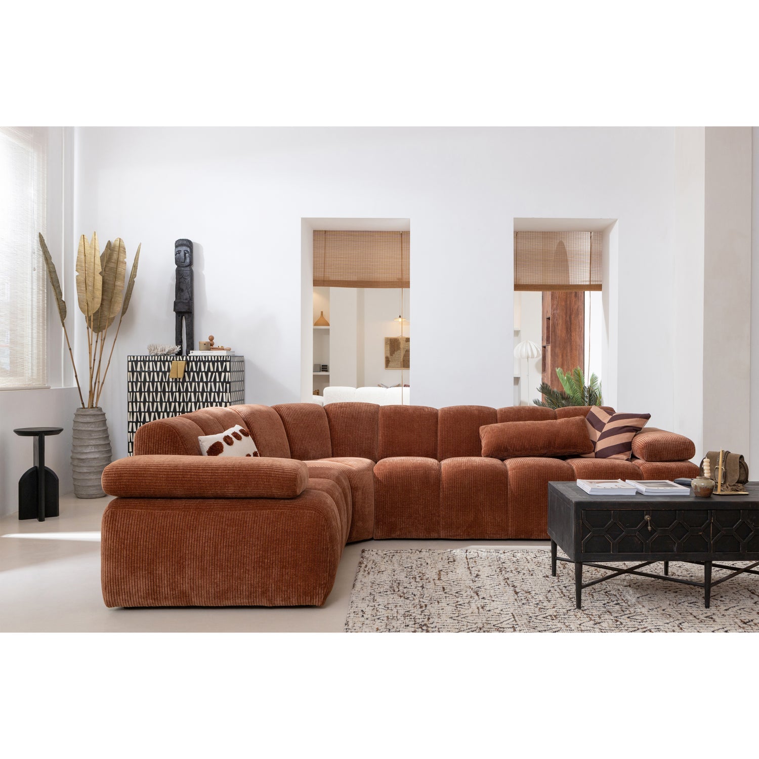 Mojo Corner Sofa Left Woven Rib Fabric Rust Brown
