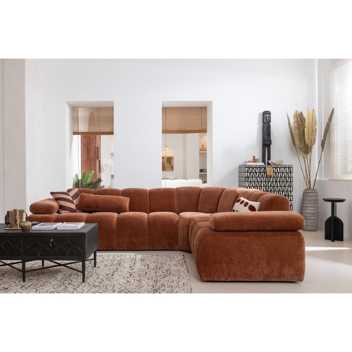Mojo Corner Sofa Right Woven Rib Fabric Rust Brown