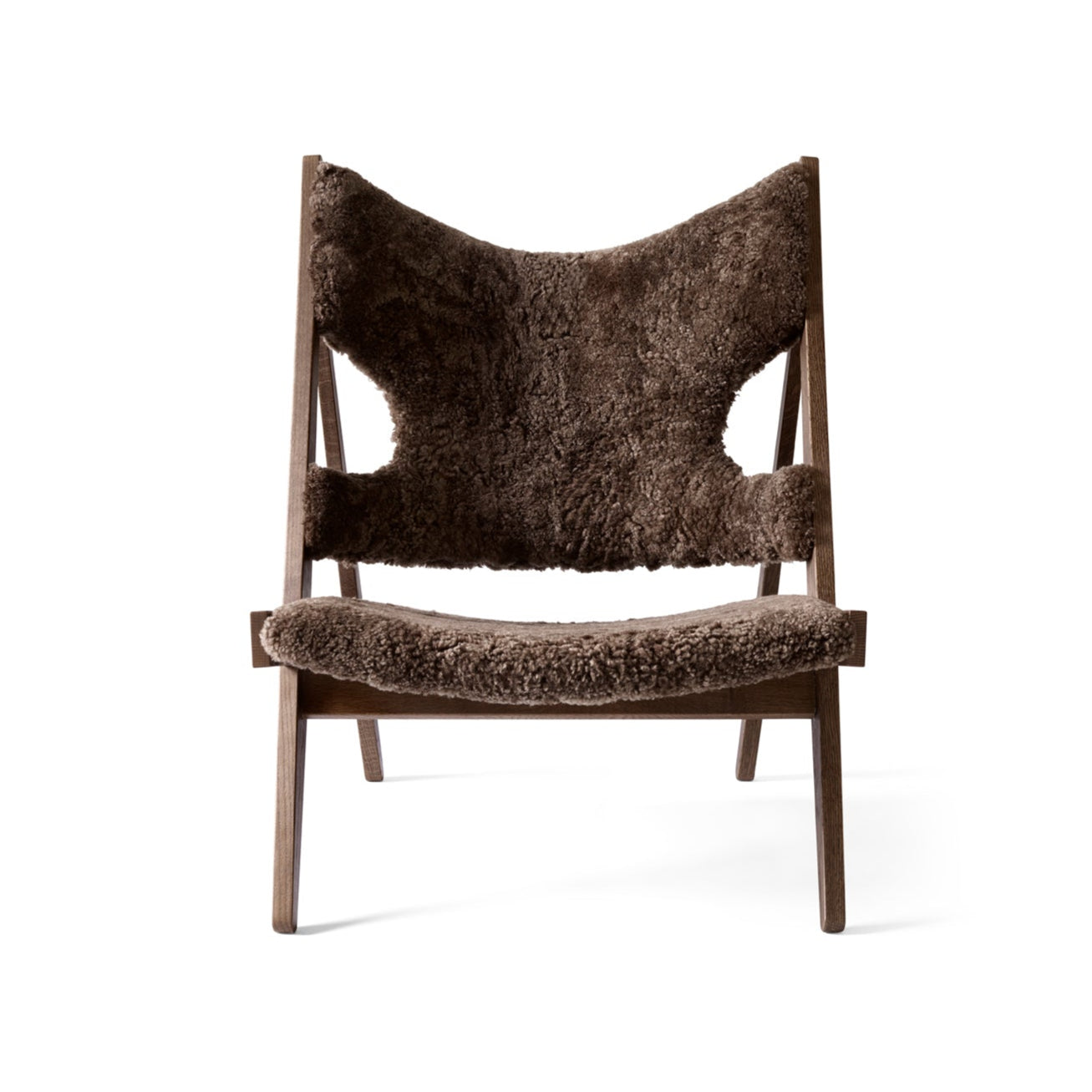 KNITTING armchair dark brown sheep leather with dark oak base