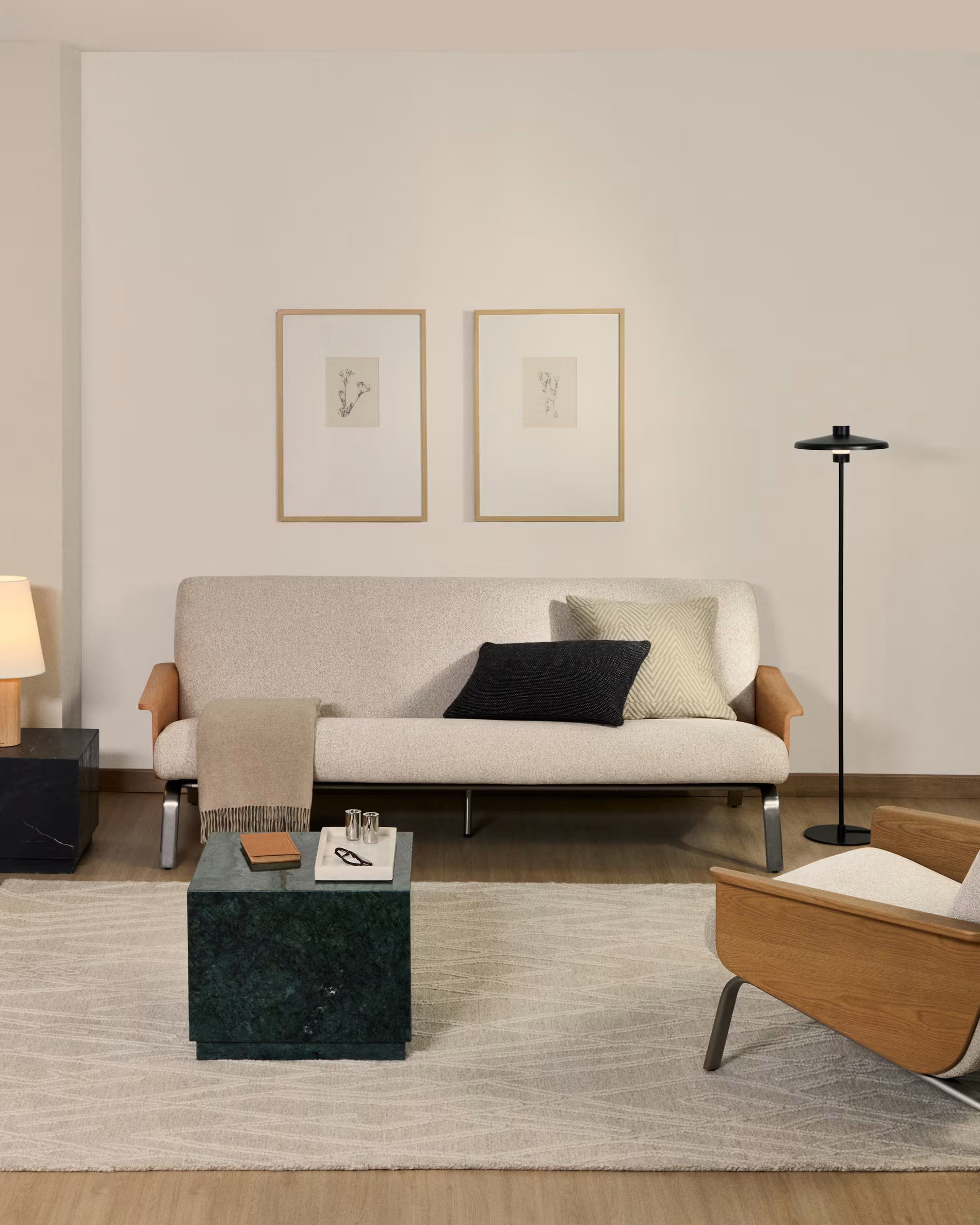 Sofa 3-osobowa AMSEN beżowy ze sklejką dębową i stalową podstawą