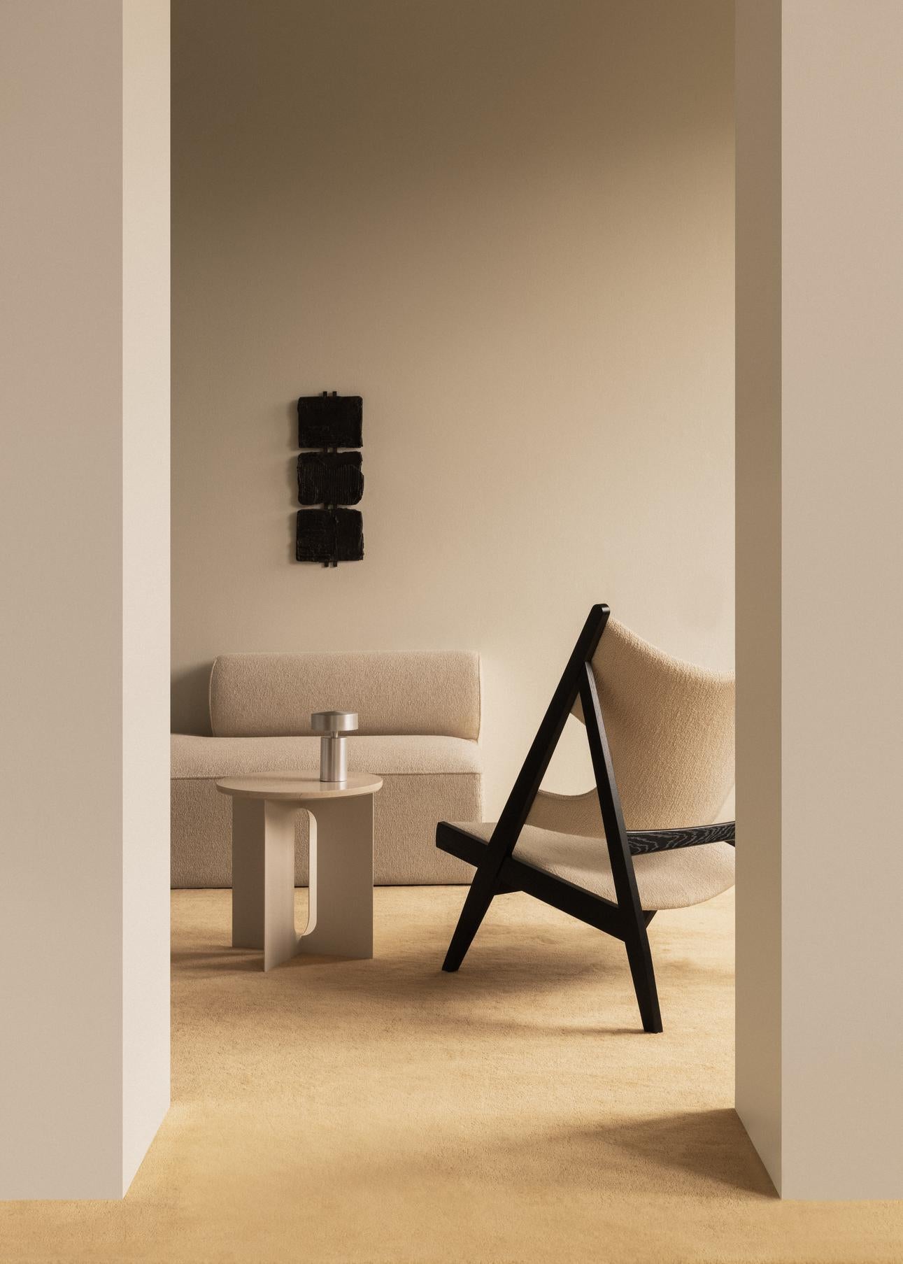 KNITTING cream boucle armchair with black oak base