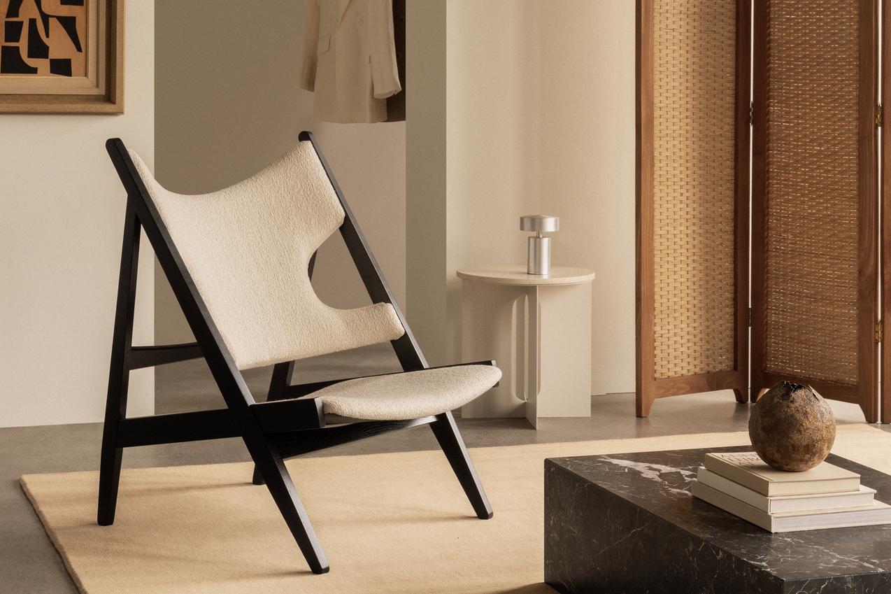 KNITTING cream boucle armchair with black oak base