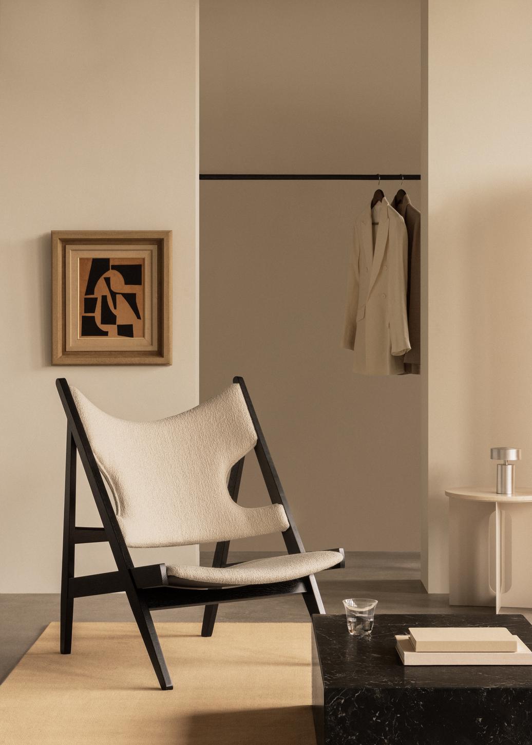 KNITTING cream boucle armchair with black oak base