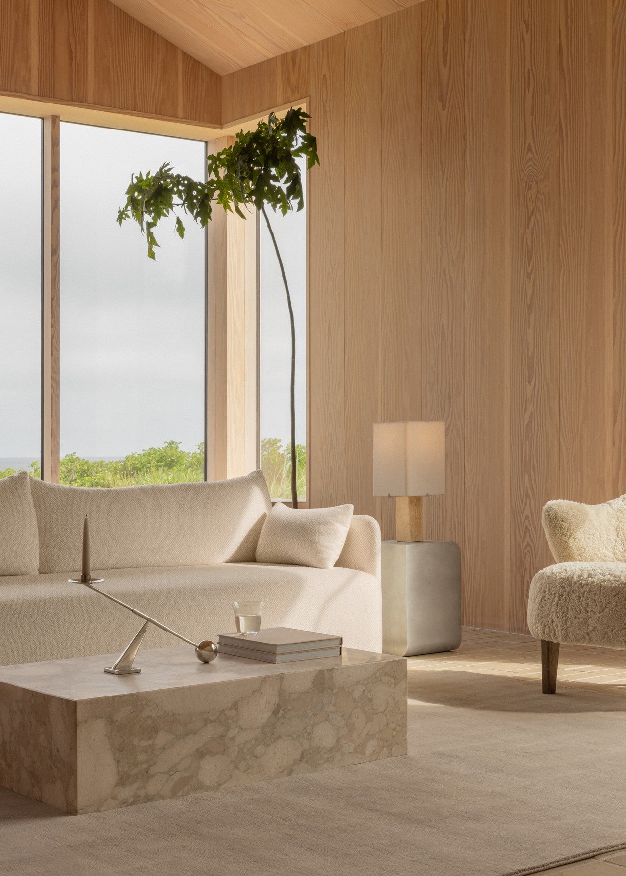 NONNA table lamp with travertine base and linen shade