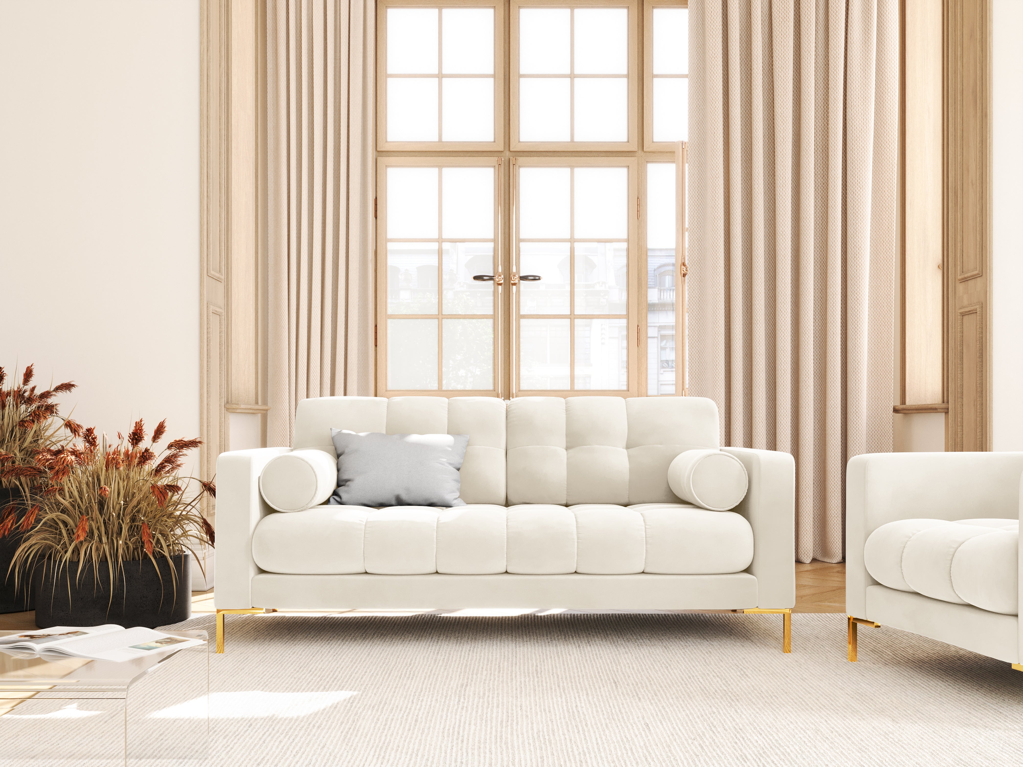 Sofa aksamitna 2-osobowa BALI jasnobeżowy ze złotą podstawą Cosmopolitan Design    Eye on Design
