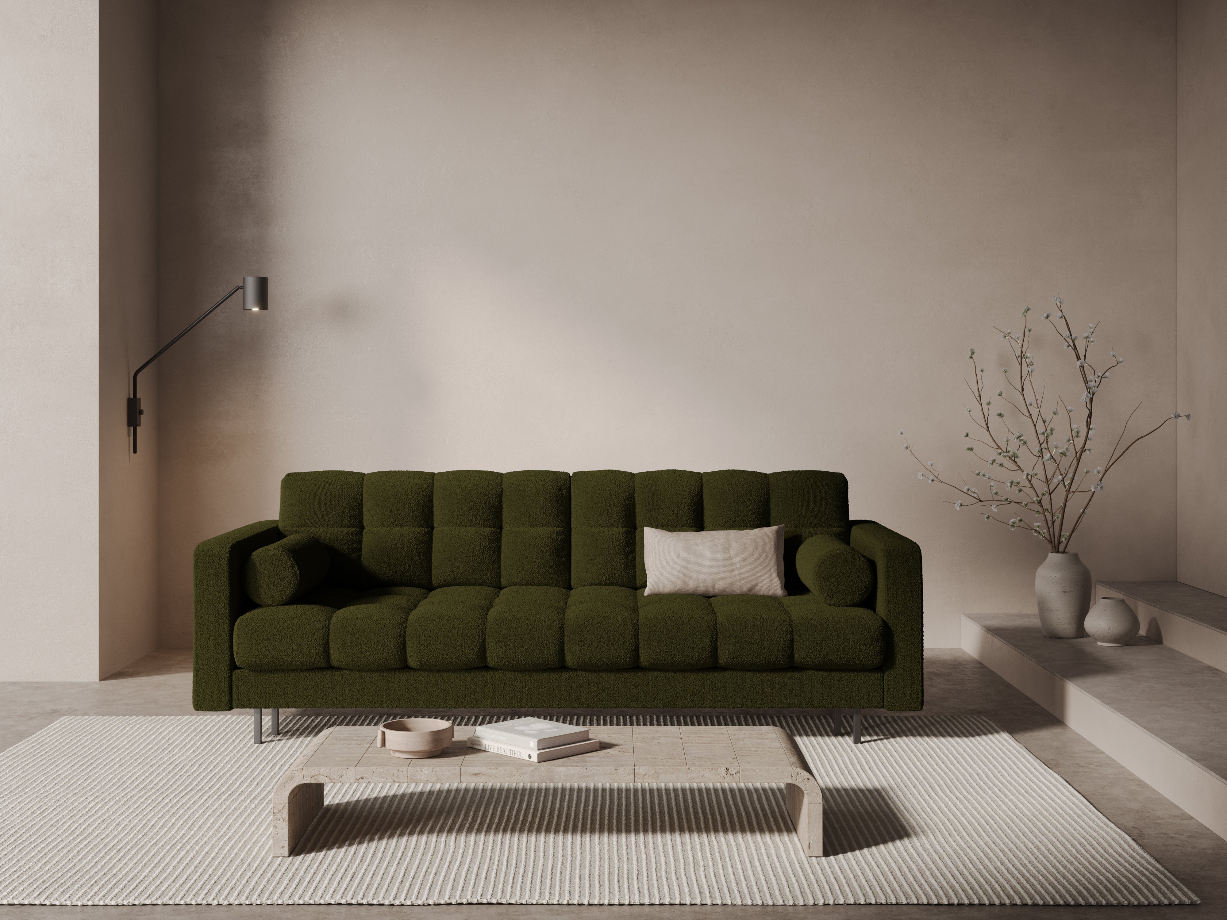 Sofa 3-osobowa z funkcją spania BALI oliwkowy bouclé z czarną podstawą