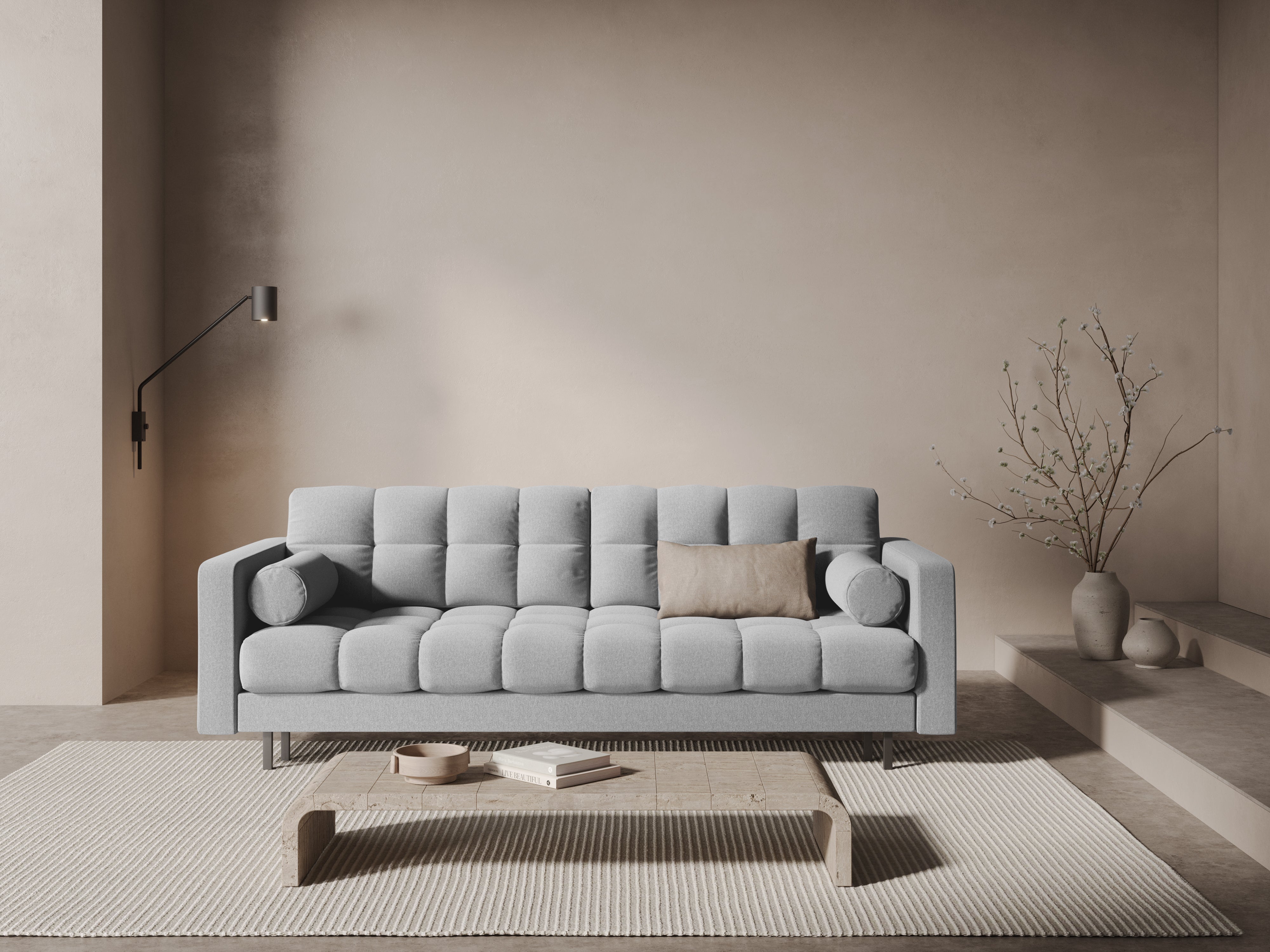 Sofa 3-osobowa z funkcją spania BALI jasnoszary z czarną podstawą