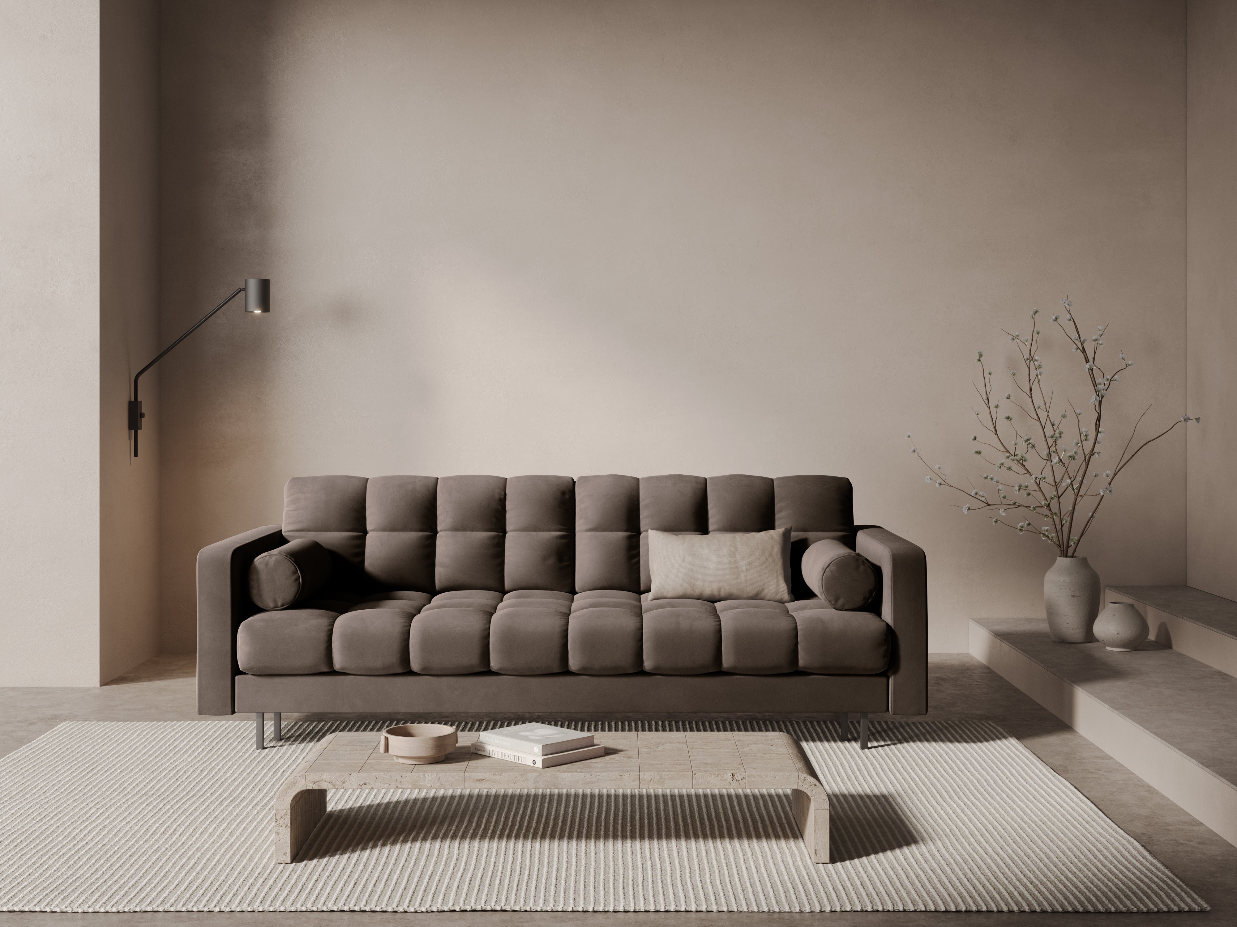 Sofa aksamitna 3-osobowa z funkcją spania BALI czekoladowy z czarną podstawą