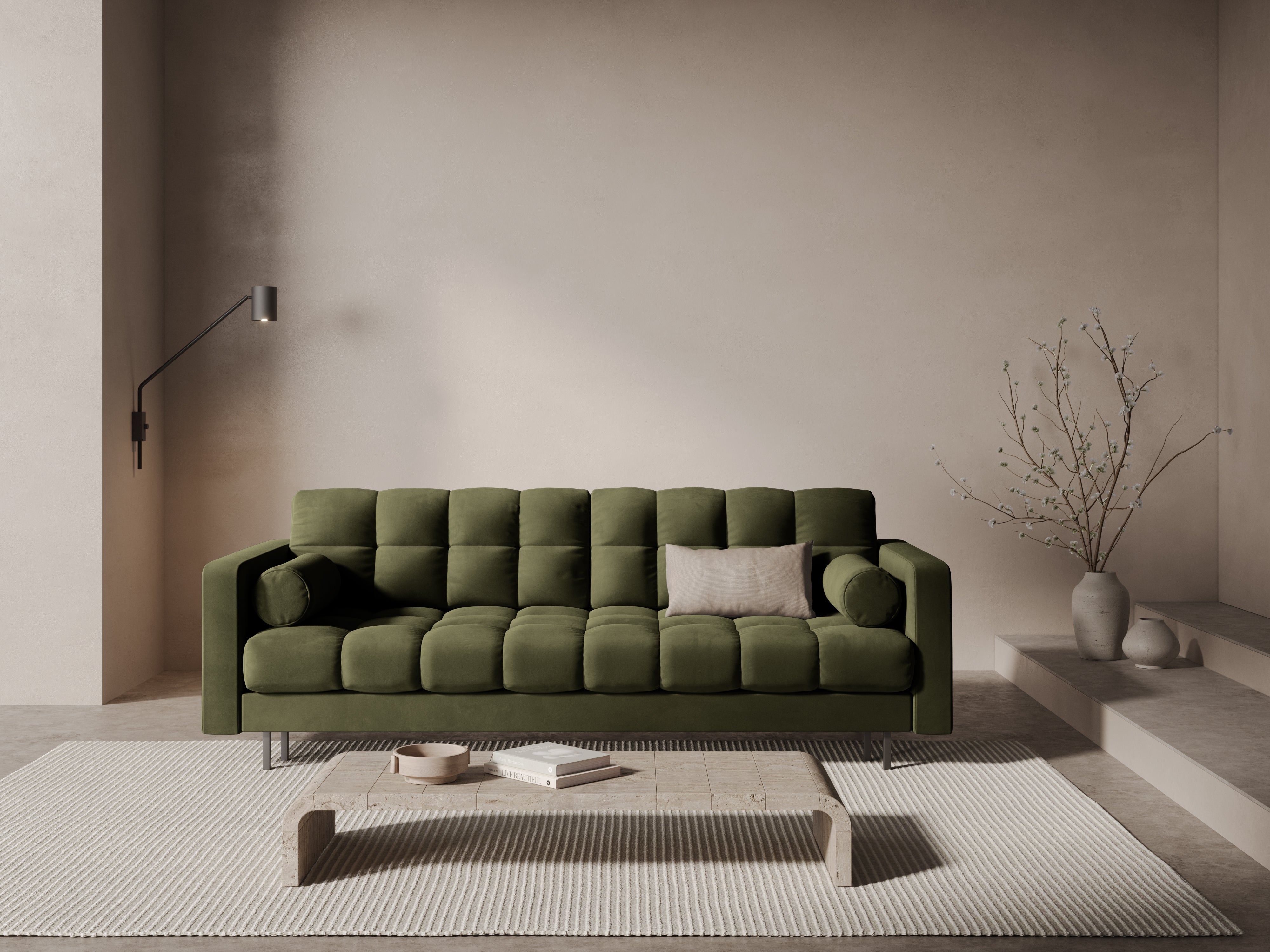 Sofa aksamitna 3-osobowa z funkcją spania BALI zielony z czarną podstawą