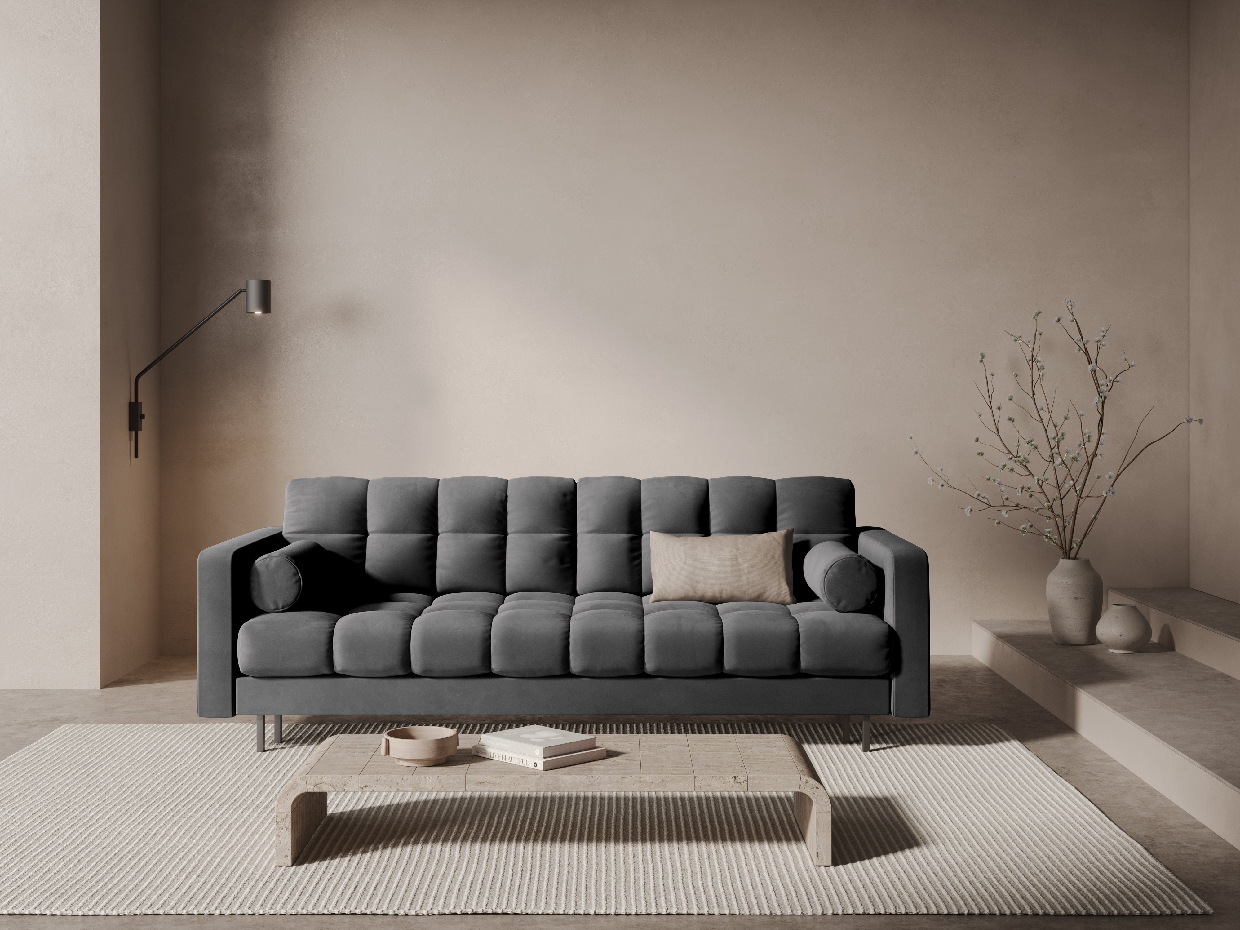 Sofa aksamitna 3-osobowa z funkcją spania BALI szary z czarną podstawą