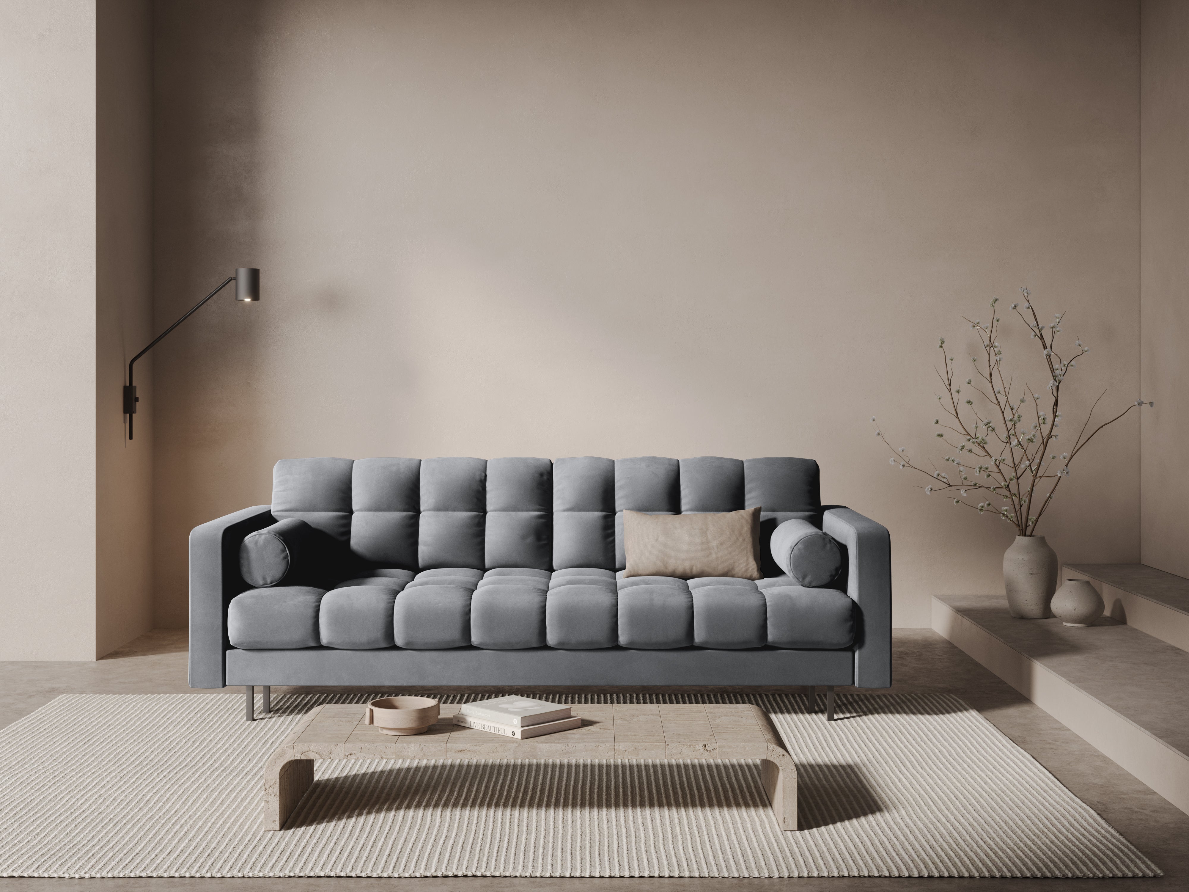 Sofa aksamitna 3-osobowa z funkcją spania BALI jasnoszary z czarną podstawą