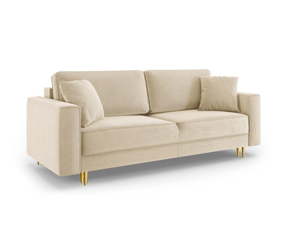 Sofa sztruksowa z funkcją spania FANO beżowy ze złotą podstawą Cosmopolitan Design    Eye on Design