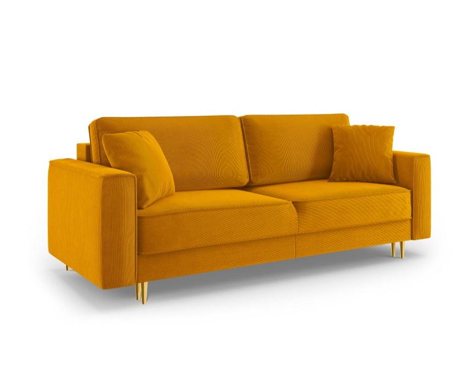 Sofa sztruksowa z funkcją spania FANO curry ze złotą podstawą Cosmopolitan Design    Eye on Design