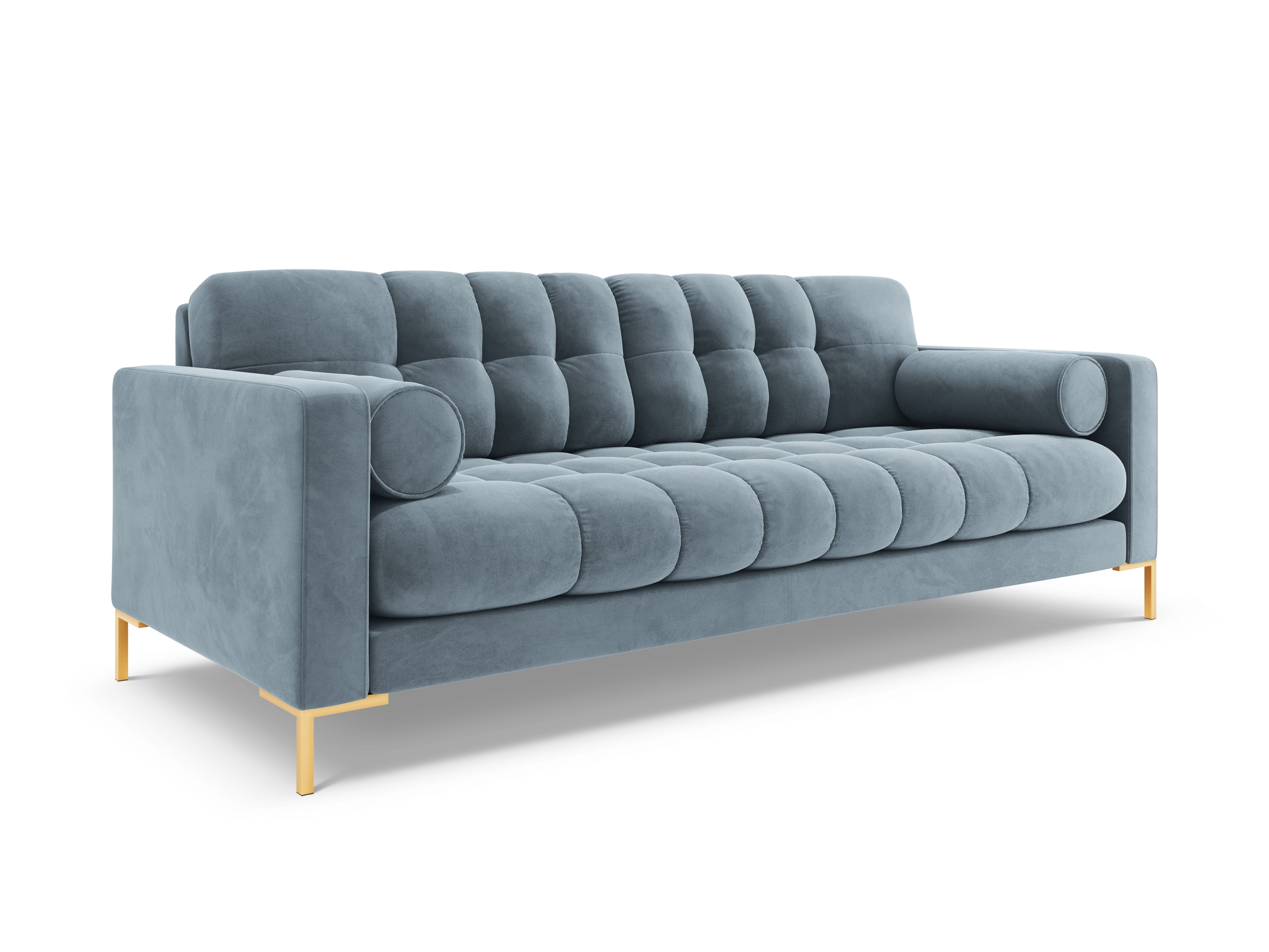 Sofa aksamitna 3-osobowa BALI jasnoniebieski ze złotą podstawą Cosmopolitan Design    Eye on Design