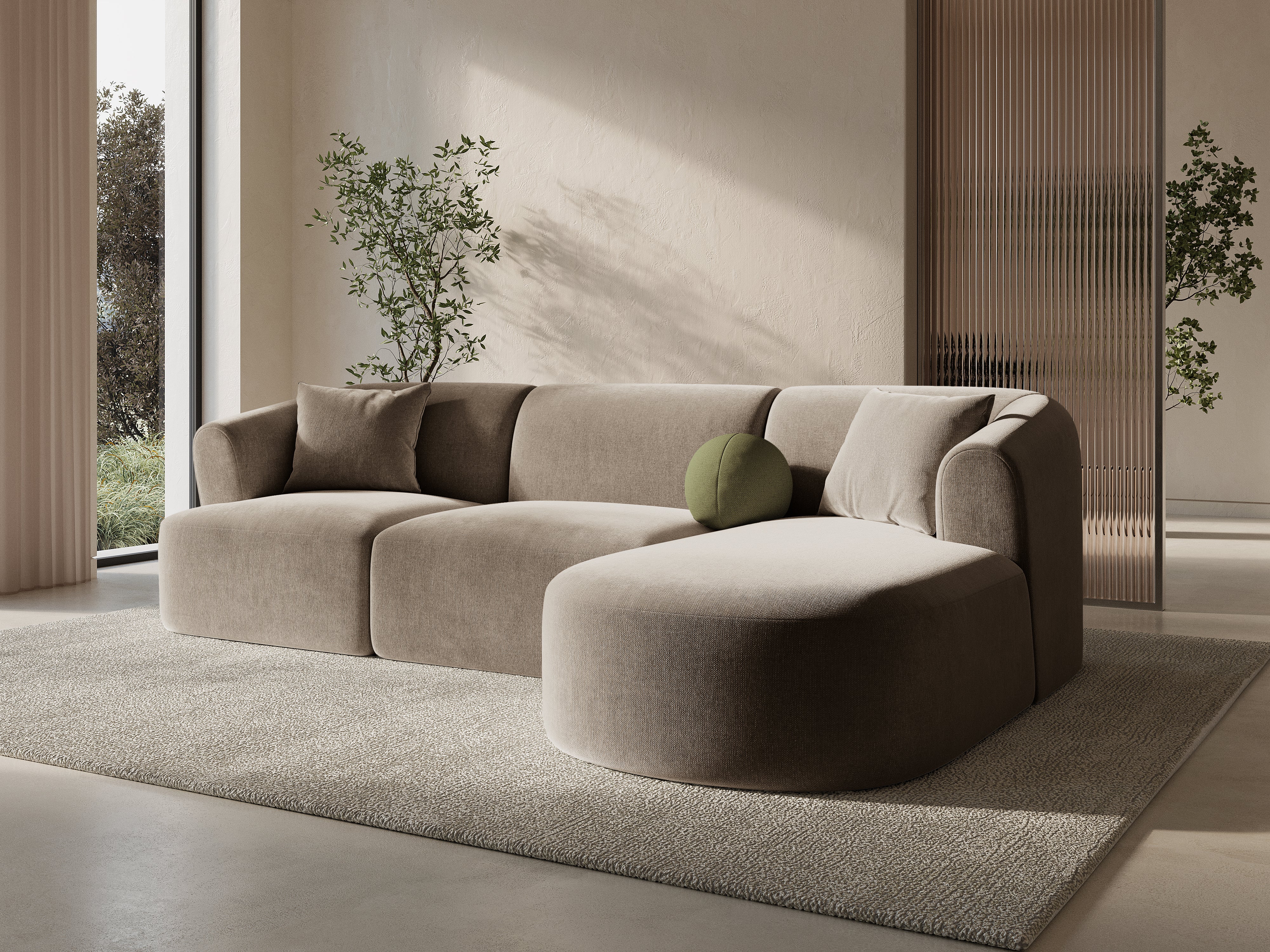 Right-facing velvet corner sofa for 4 people CAMPI dark beige