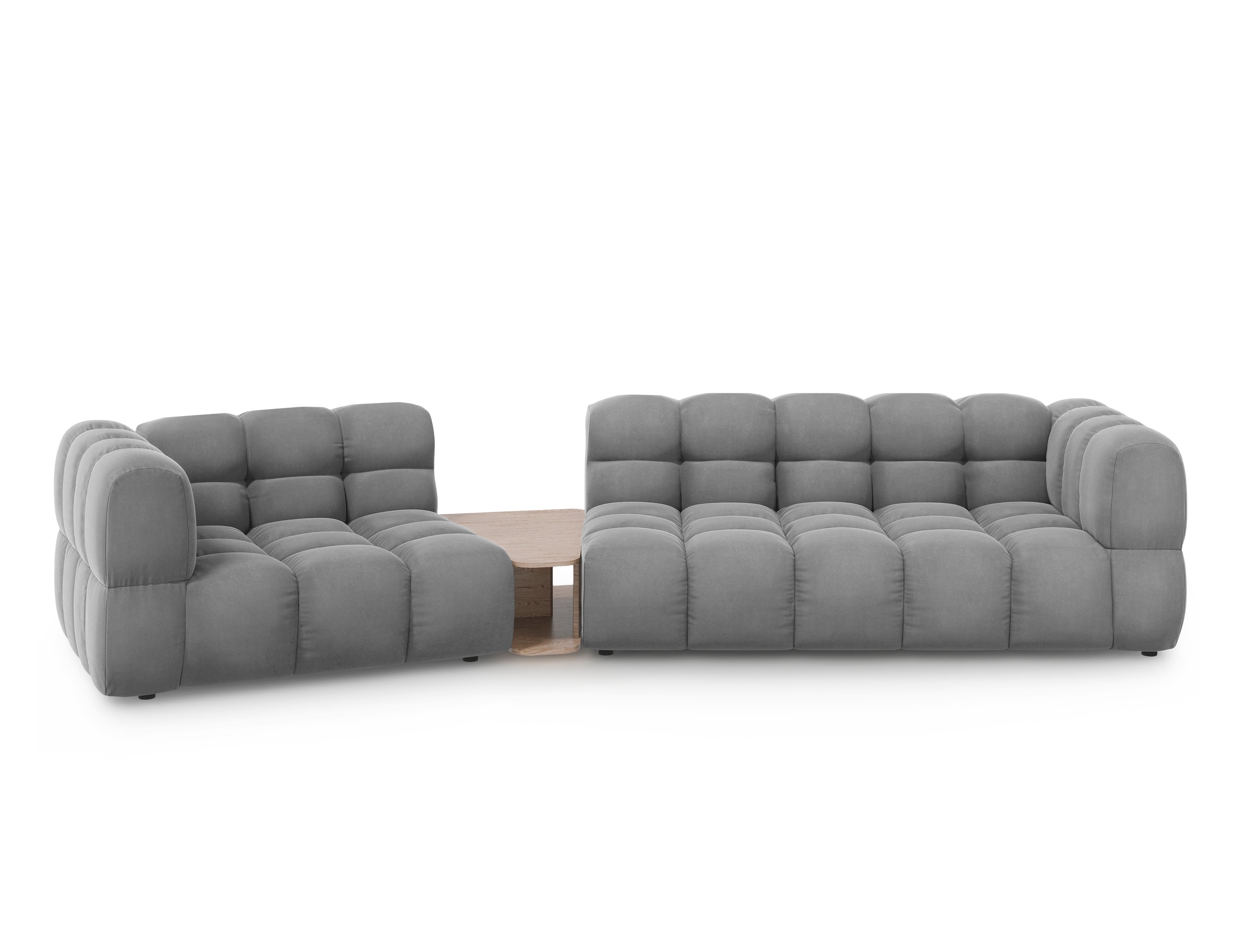 Sofa aksamitna lewostronna 3-osobowa zaokrąglona ze stolikiem SKY jasnoszary Cosmopolitan Design    Eye on Design