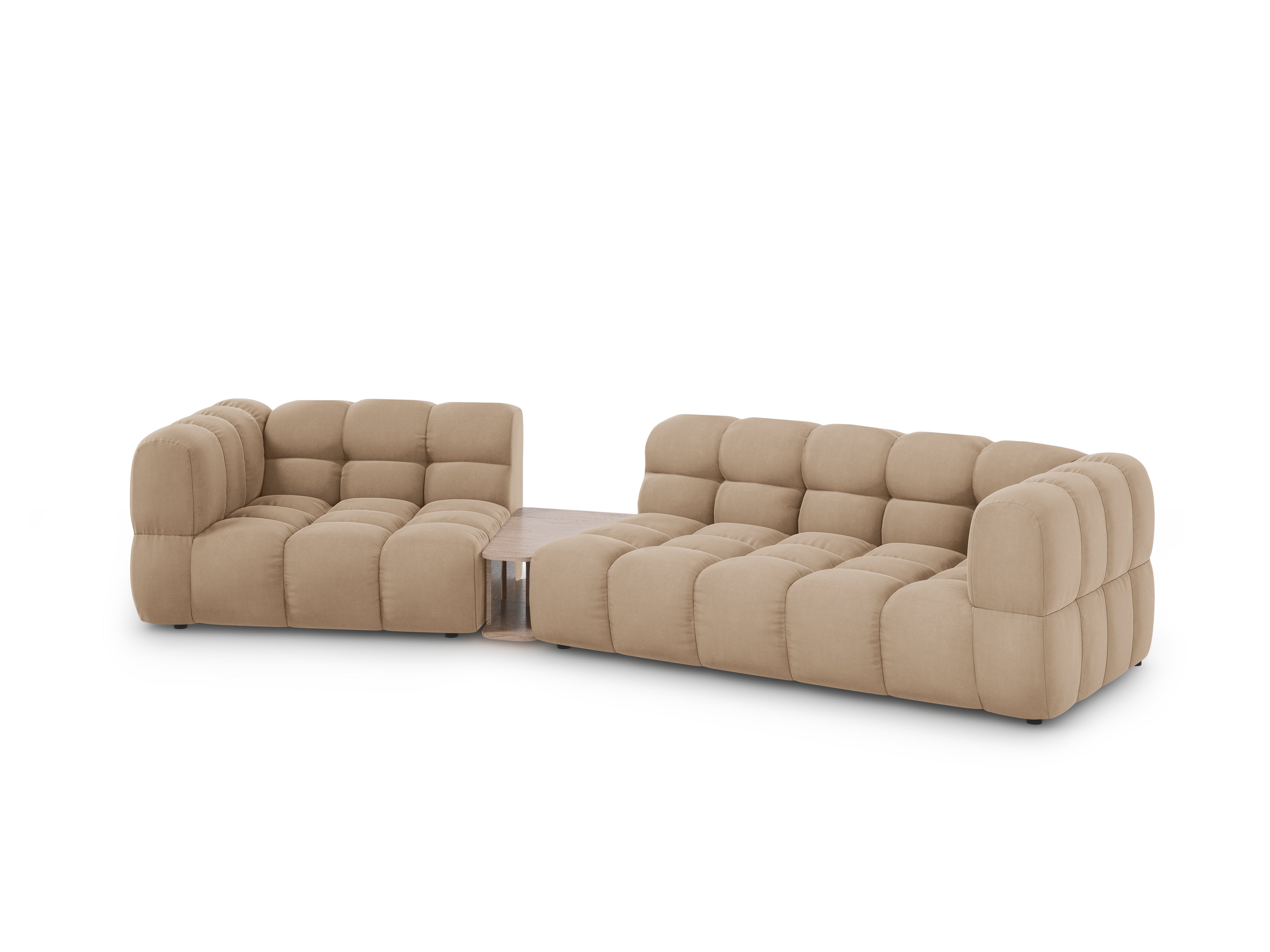 Sofa aksamitna lewostronna 3-osobowa zaokrąglona ze stolikiem SKY piaskowy Cosmopolitan Design    Eye on Design