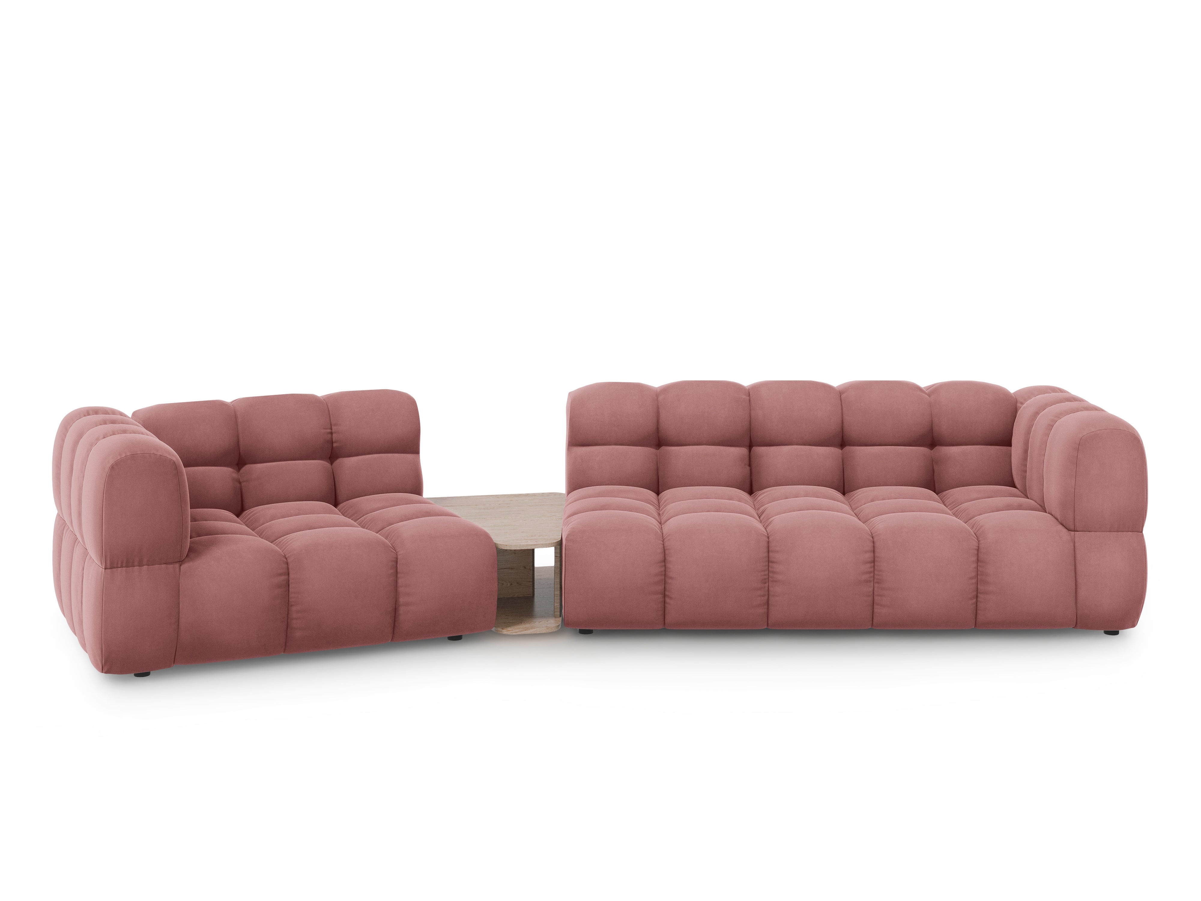 Sofa aksamitna lewostronna 3-osobowa zaokrąglona ze stolikiem SKY łososiowy Cosmopolitan Design    Eye on Design