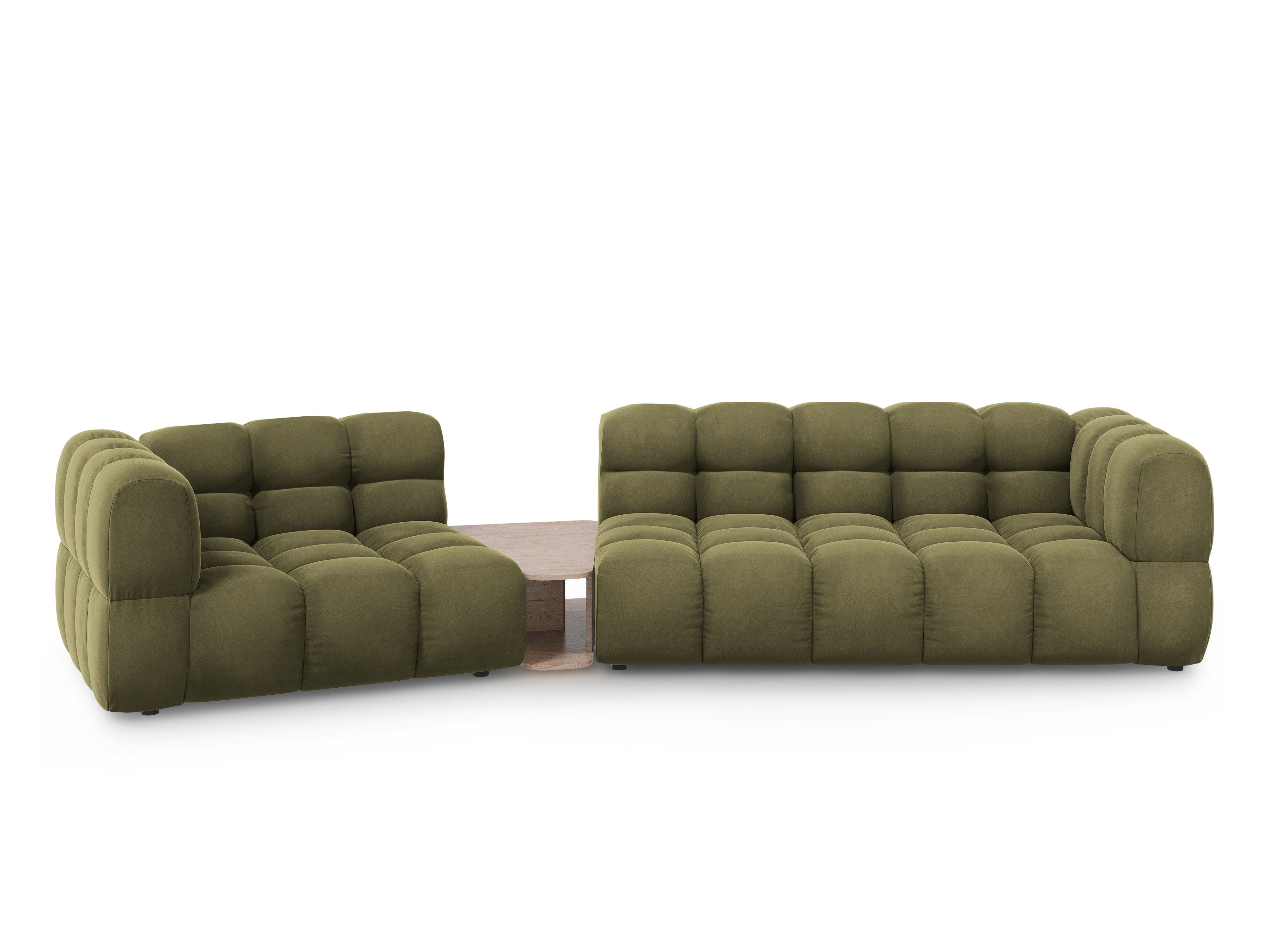 Sofa aksamitna lewostronna 3-osobowa zaokrąglona ze stolikiem SKY jasnozielony Cosmopolitan Design    Eye on Design