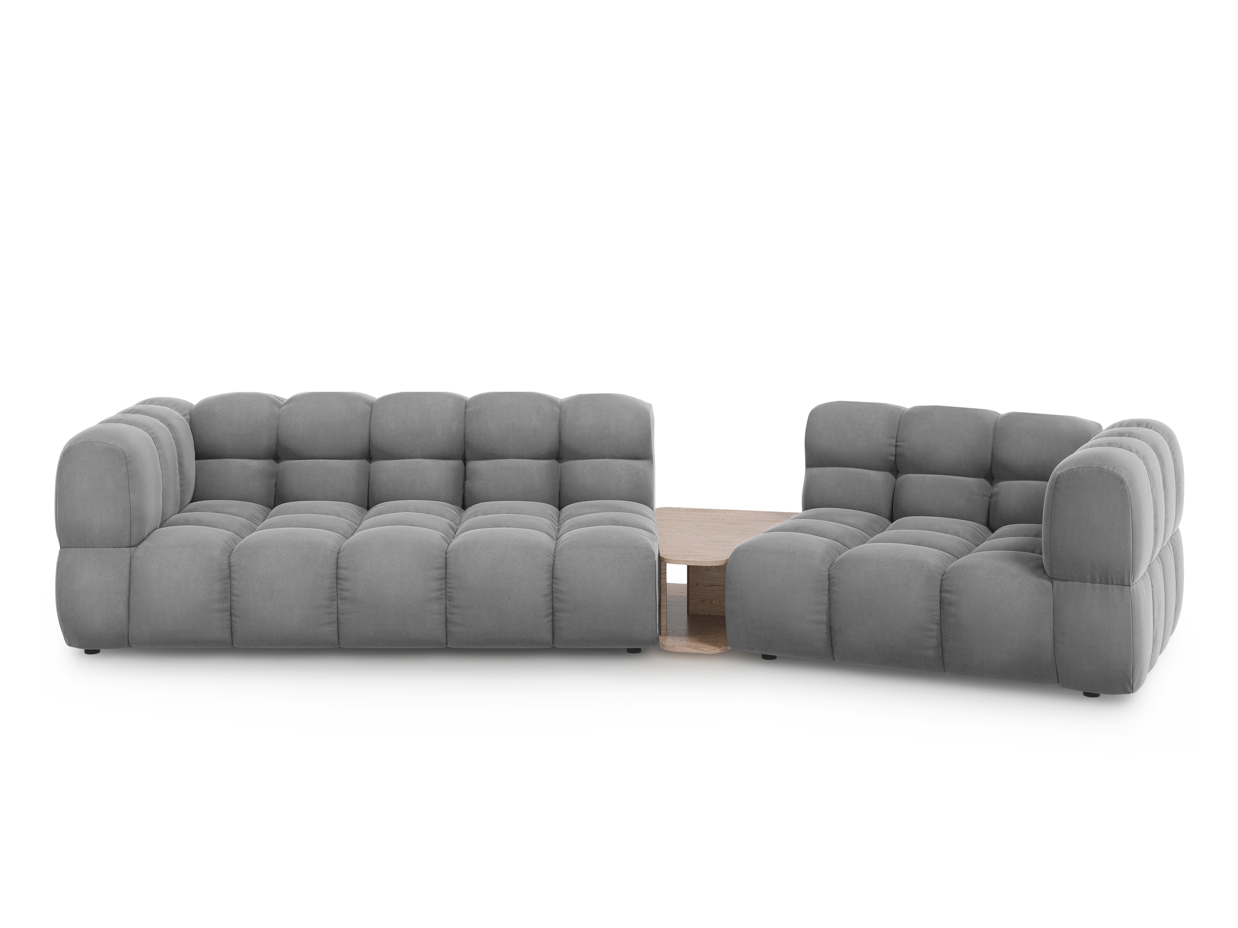 Sofa aksamitna prawostronna 3-osobowa zaokrąglona ze stolikiem SKY jasnoszary Cosmopolitan Design    Eye on Design