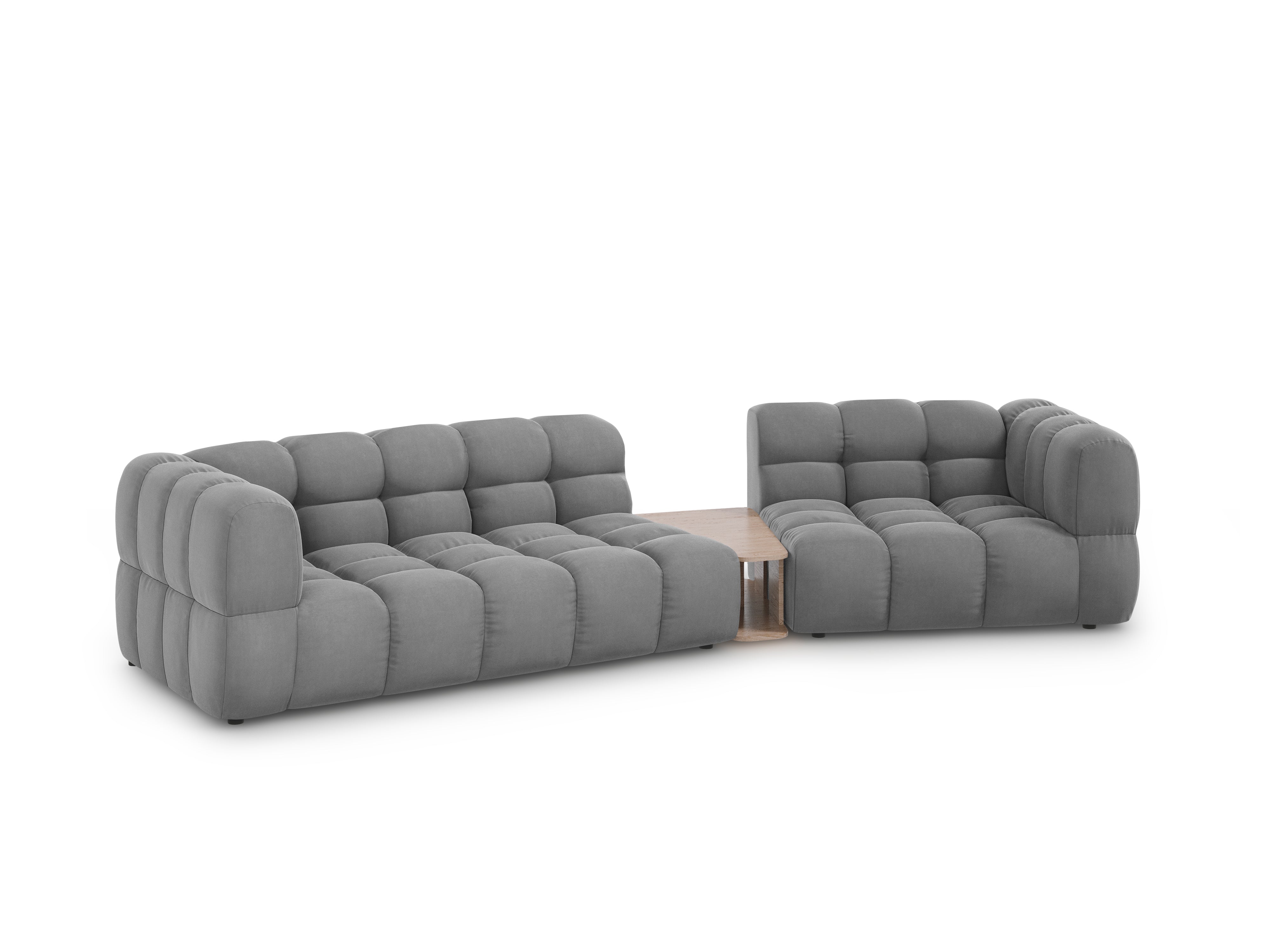 Sofa aksamitna prawostronna 3-osobowa zaokrąglona ze stolikiem SKY jasnoszary Cosmopolitan Design    Eye on Design