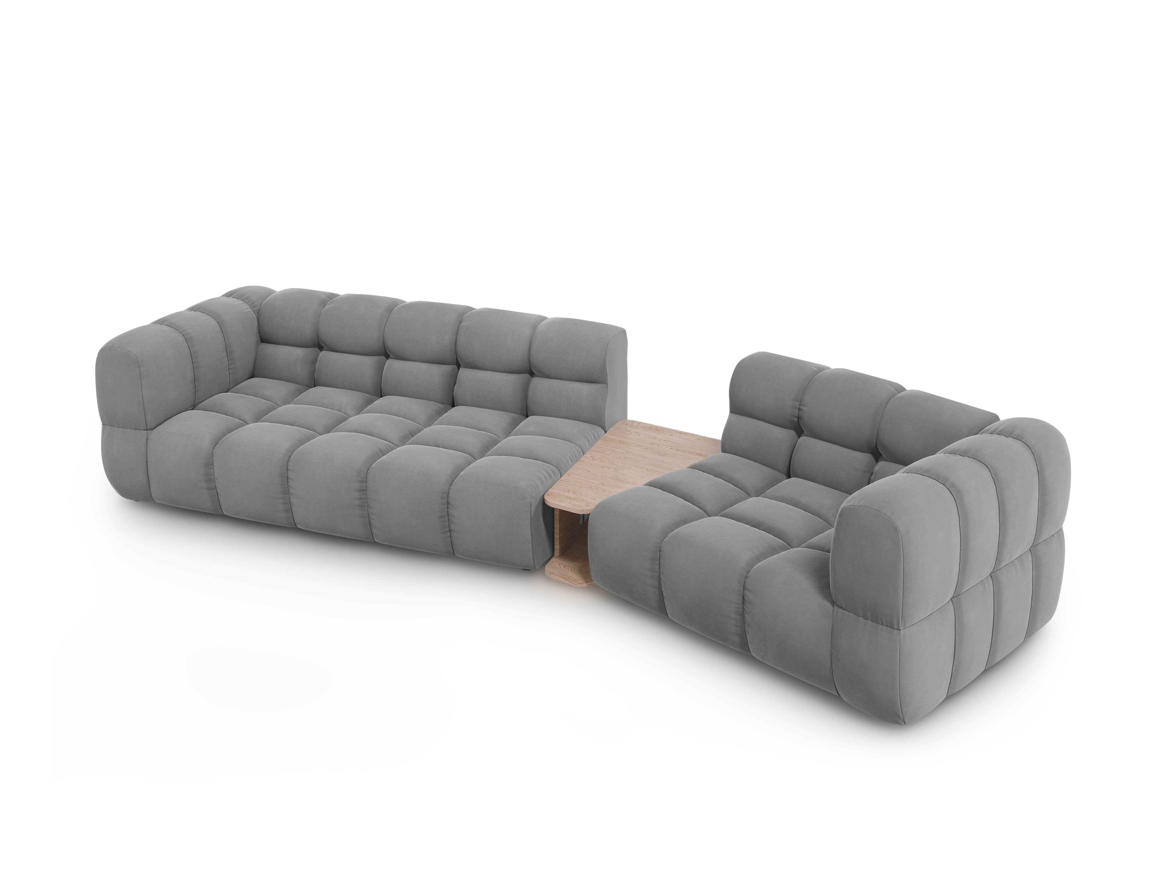 Sofa aksamitna prawostronna 3-osobowa zaokrąglona ze stolikiem SKY jasnoszary Cosmopolitan Design    Eye on Design