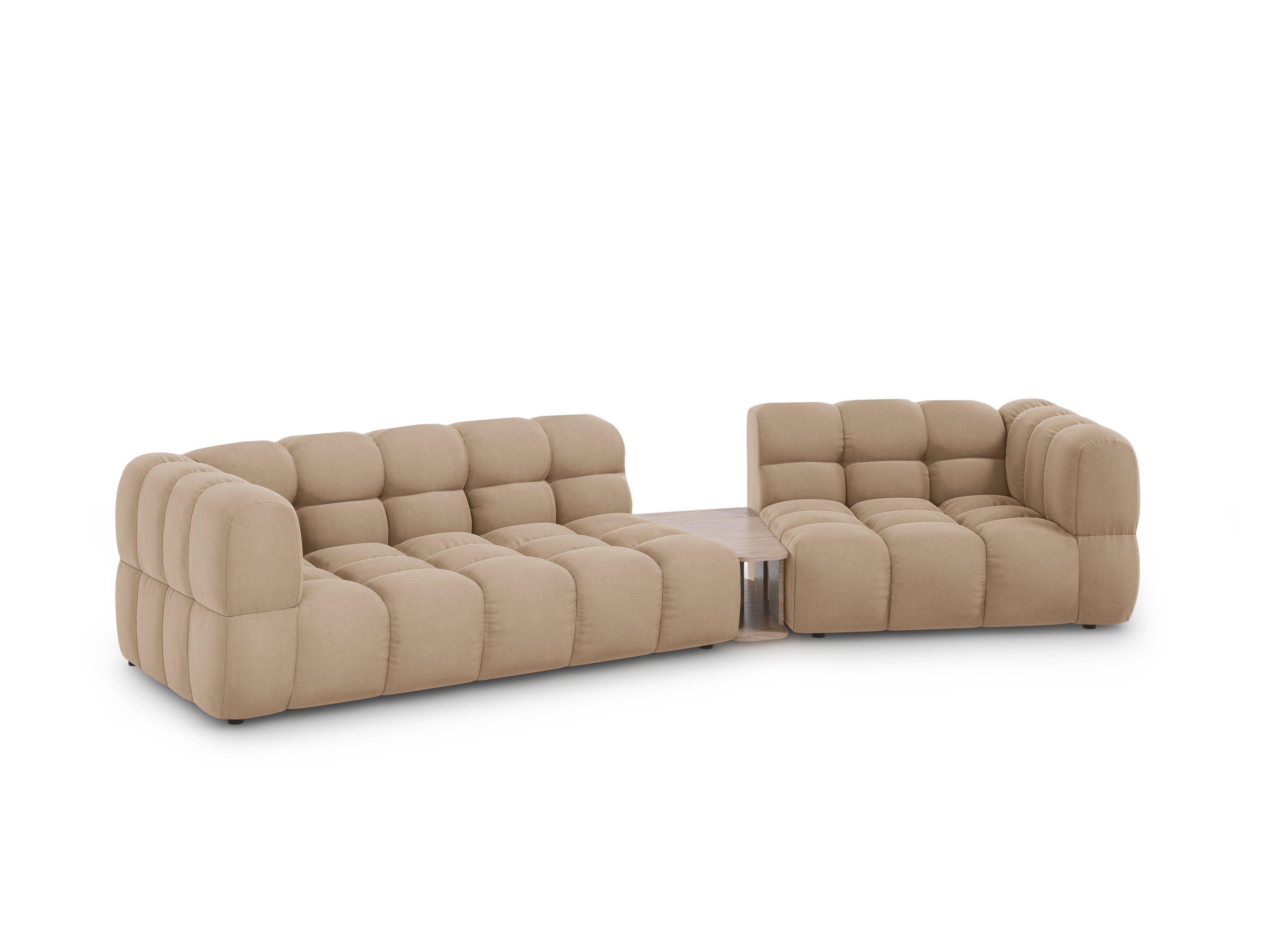 Sofa aksamitna prawostronna 3-osobowa zaokrąglona ze stolikiem SKY piaskowy Cosmopolitan Design    Eye on Design