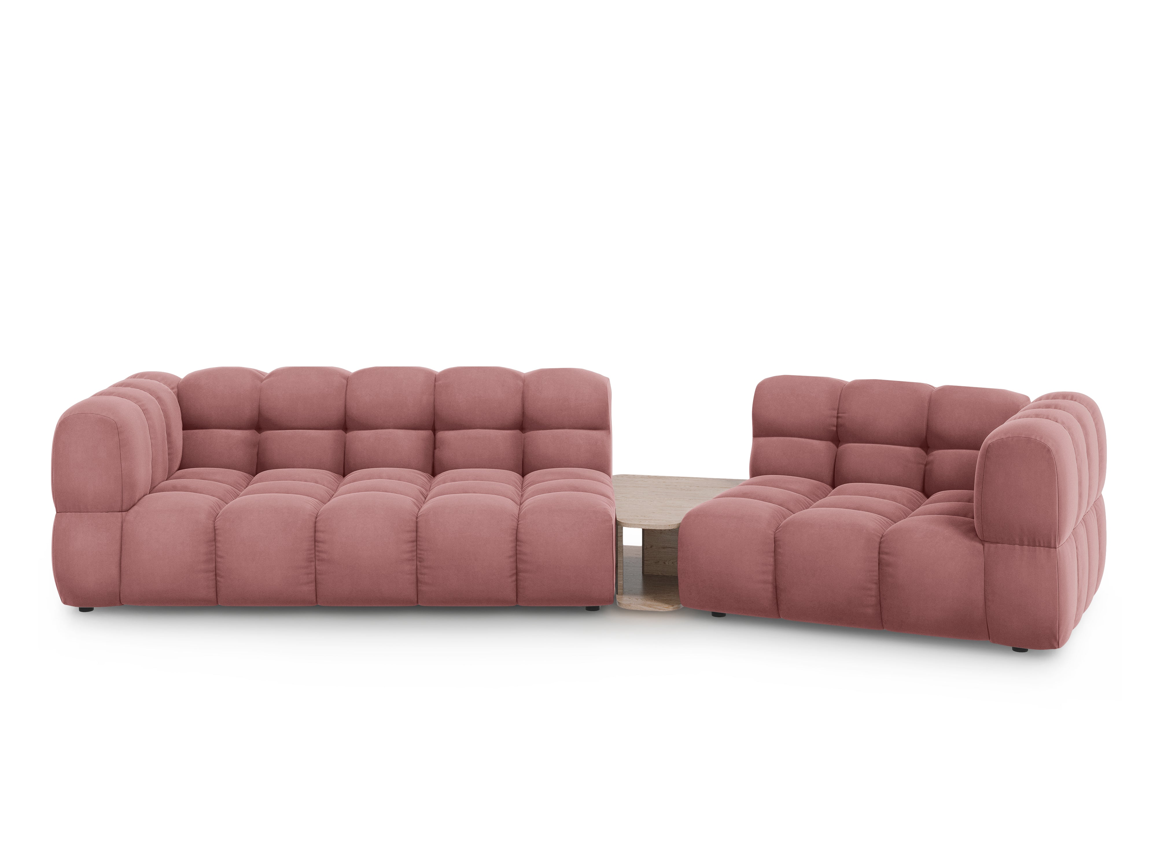 Sofa aksamitna prawostronna 3-osobowa zaokrąglona ze stolikiem SKY łososiowa Cosmopolitan Design    Eye on Design