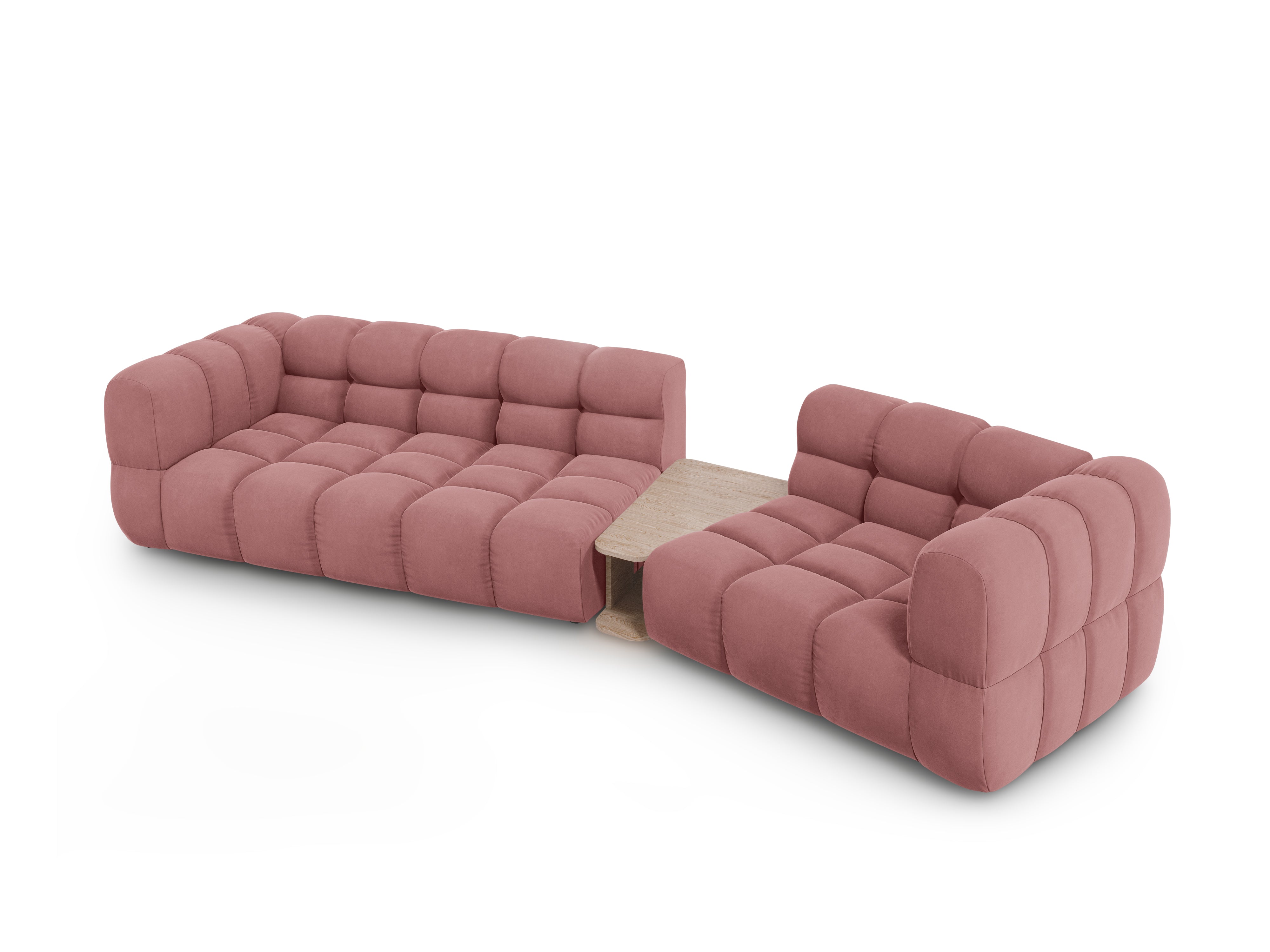 Sofa aksamitna prawostronna 3-osobowa zaokrąglona ze stolikiem SKY łososiowa Cosmopolitan Design    Eye on Design