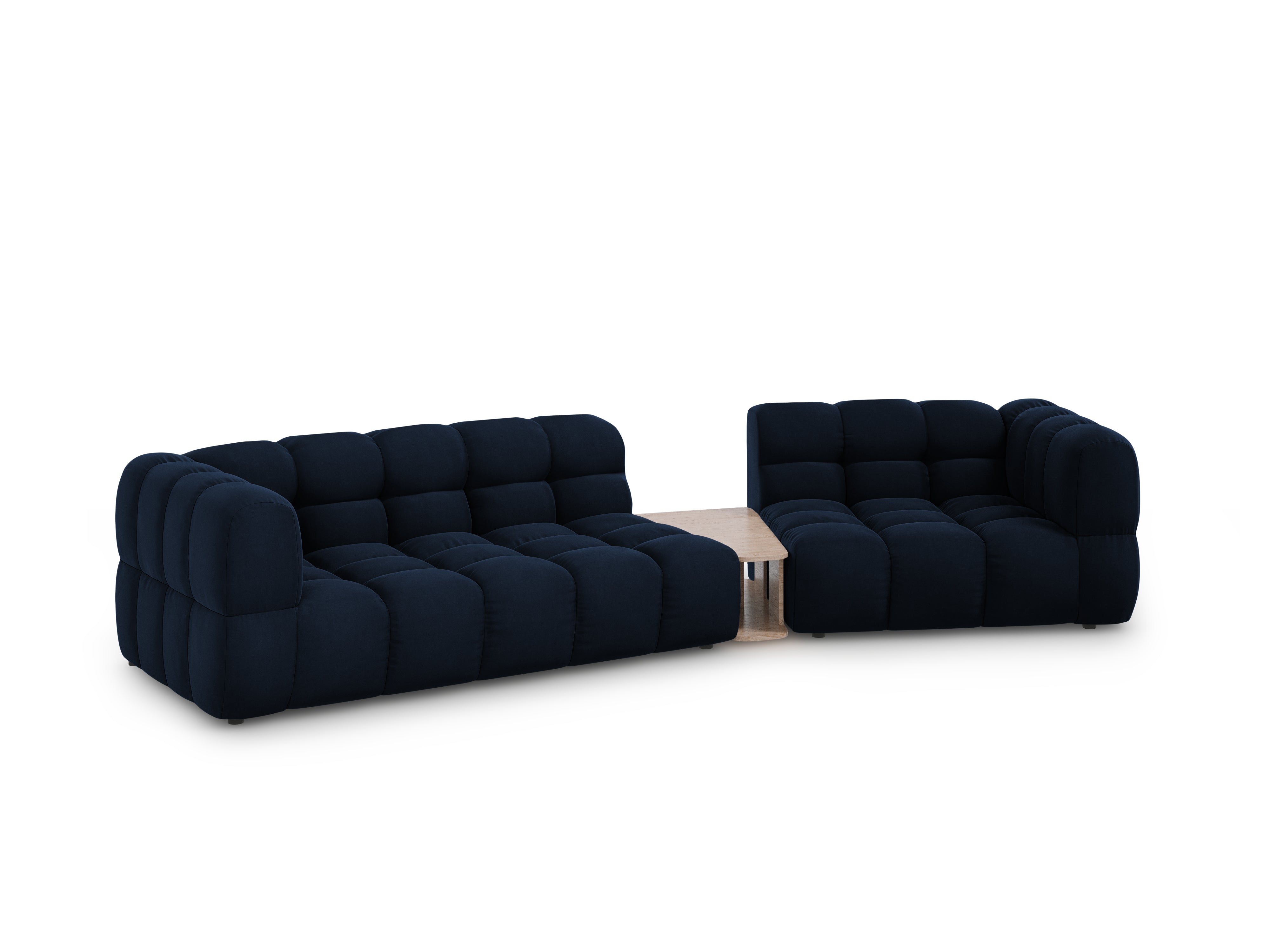 Sofa aksamitna prawostronna 3-osobowa zaokrąglona ze stolikiem SKY granat królewski Cosmopolitan Design    Eye on Design