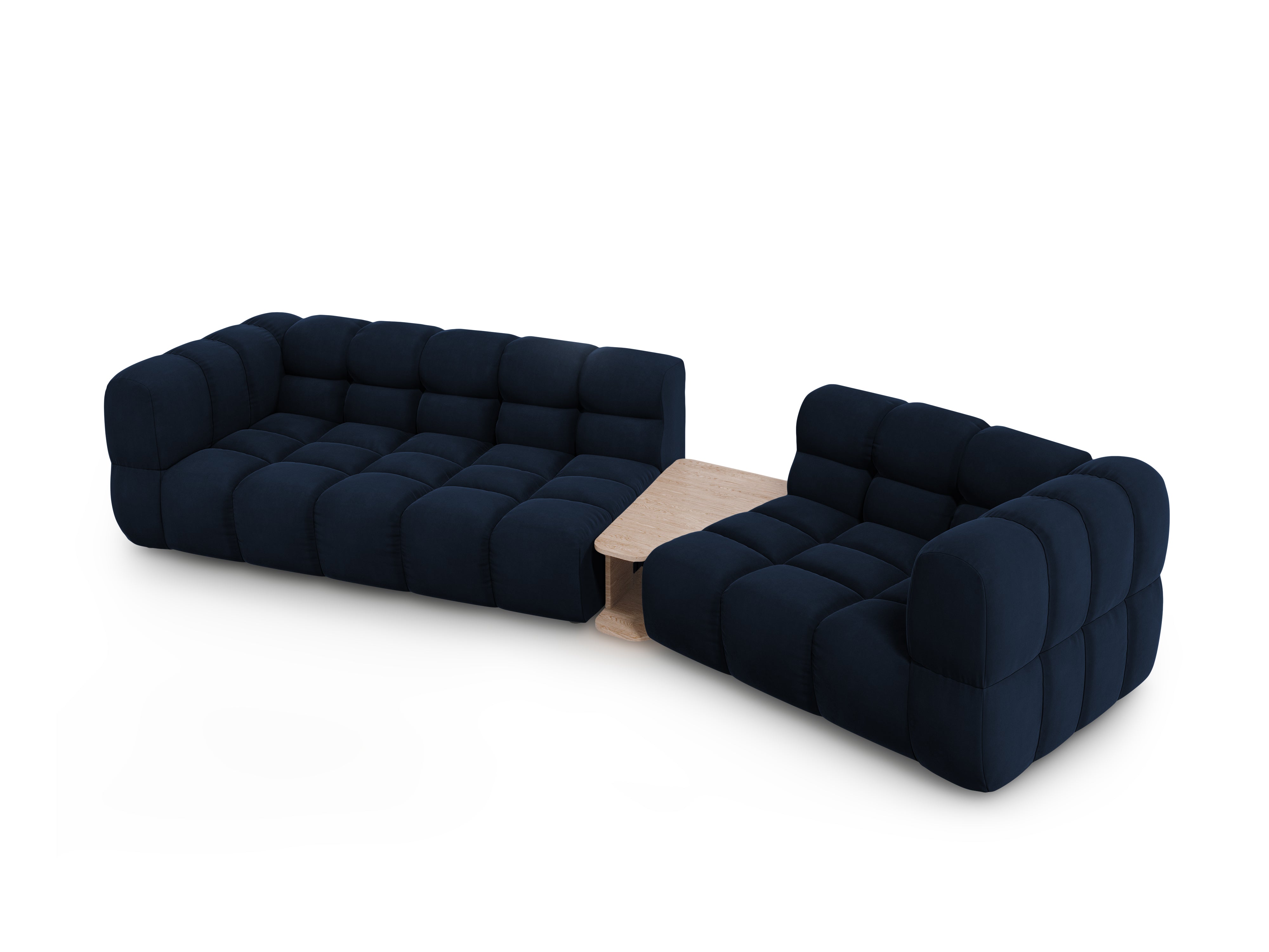 Sofa aksamitna prawostronna 3-osobowa zaokrąglona ze stolikiem SKY granat królewski Cosmopolitan Design    Eye on Design