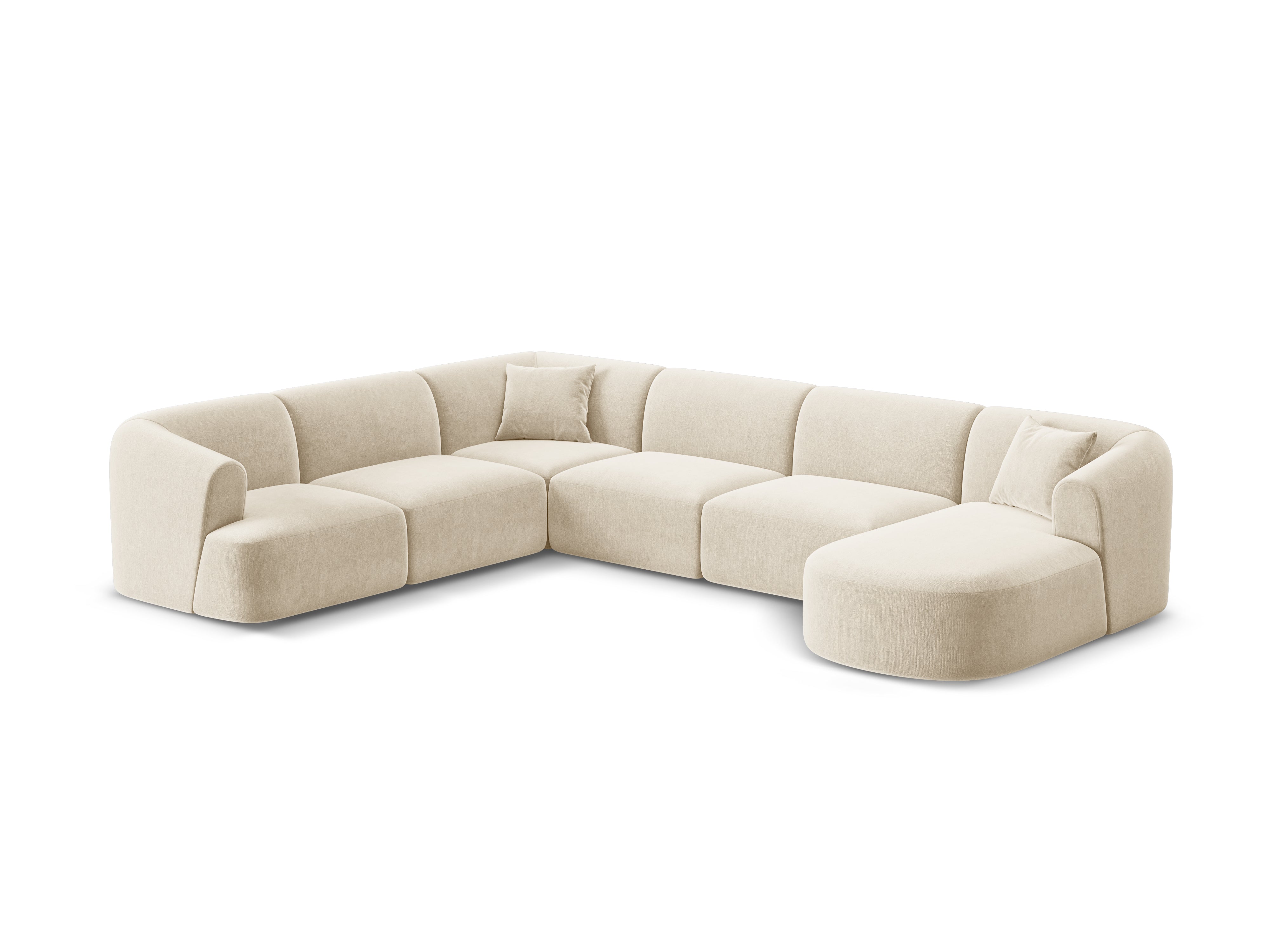 Linksseitiges, samtiges, panoramisches 7-sitziges Ecksofa CAMPI in hellbeige