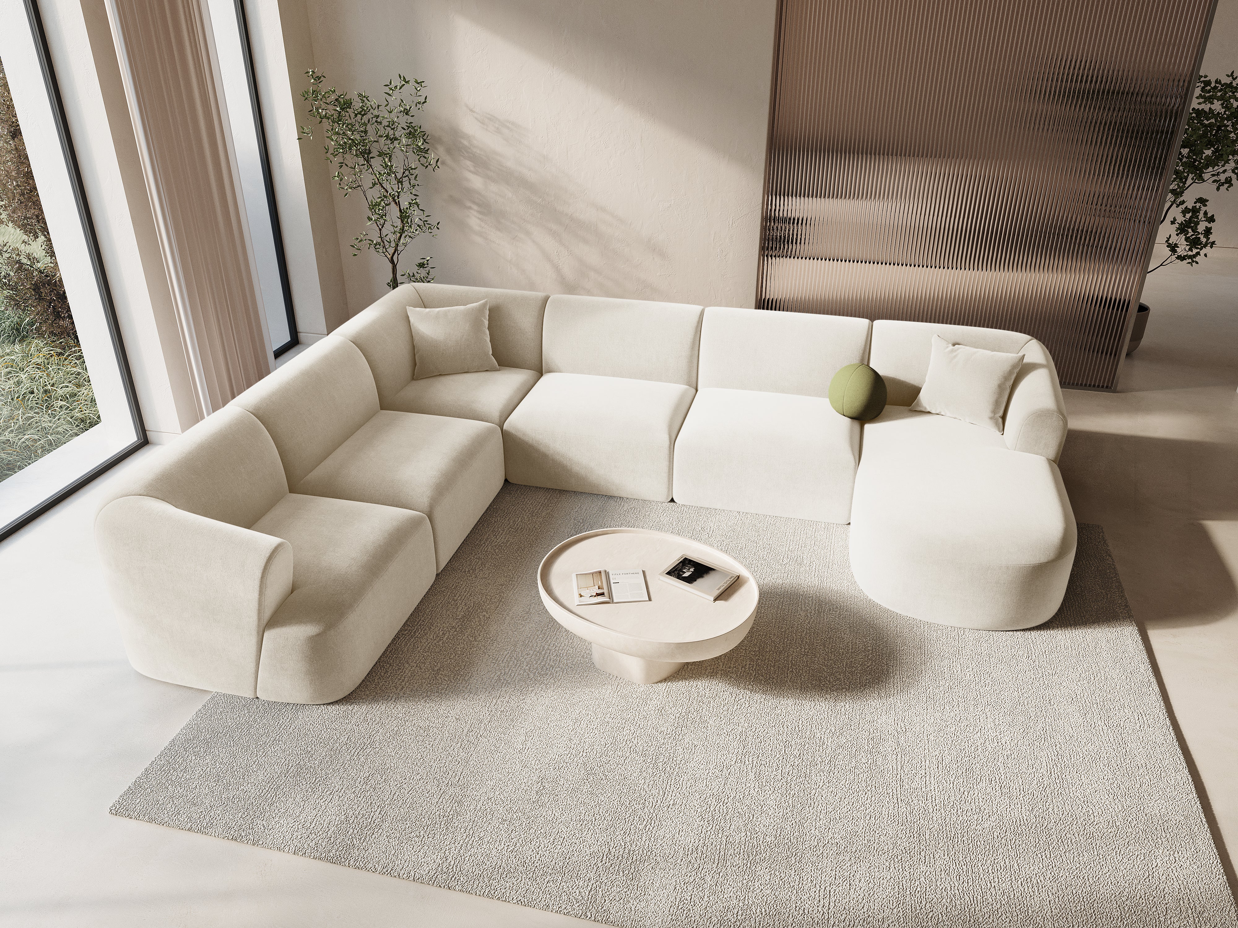 Linksseitiges, samtiges, panoramisches 7-sitziges Ecksofa CAMPI in hellbeige