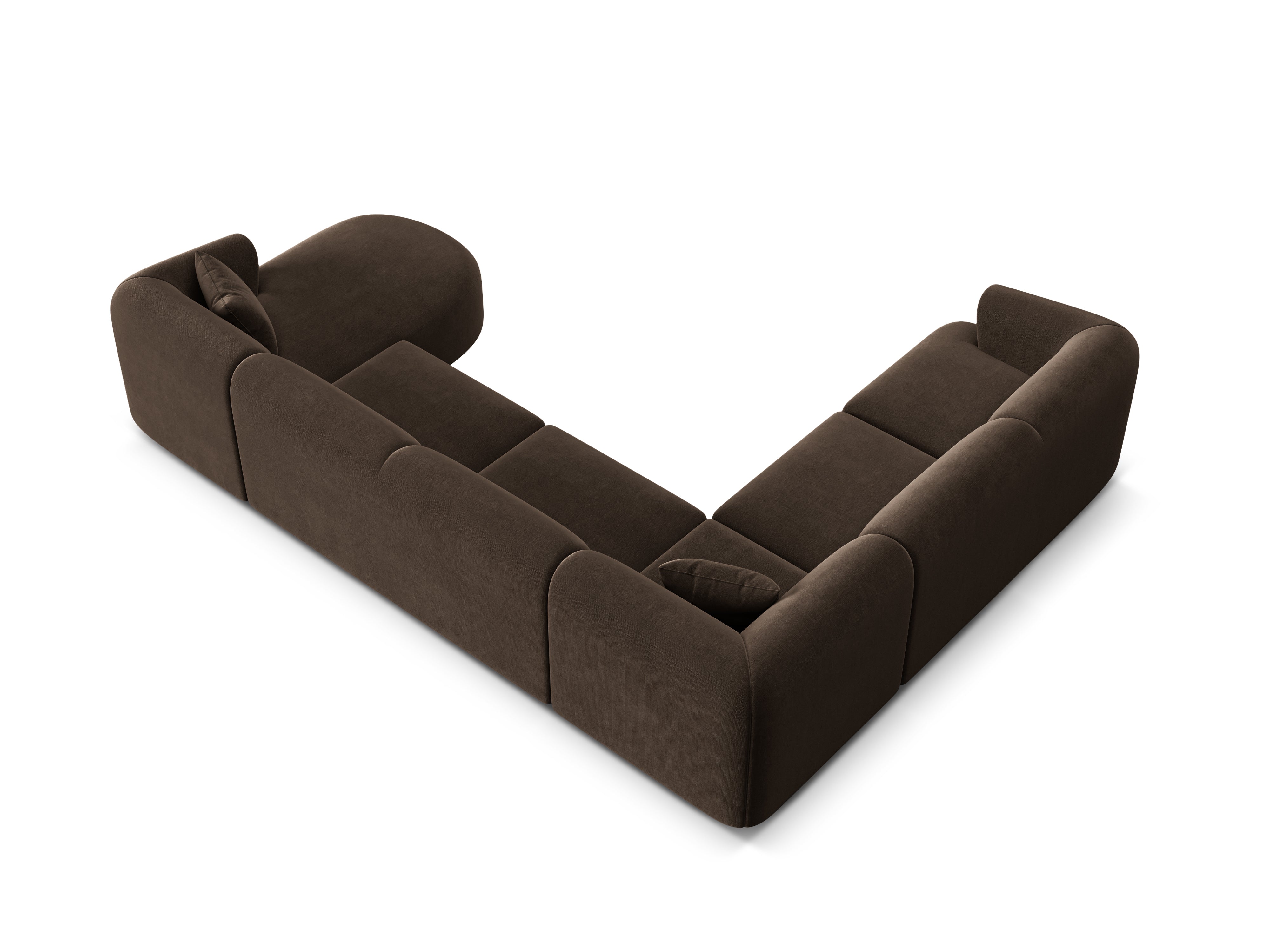 Linksseitiges, samtiges, panoramisches 7-Sitzer-Sofa CAMPI in Schokoladenfarbe
