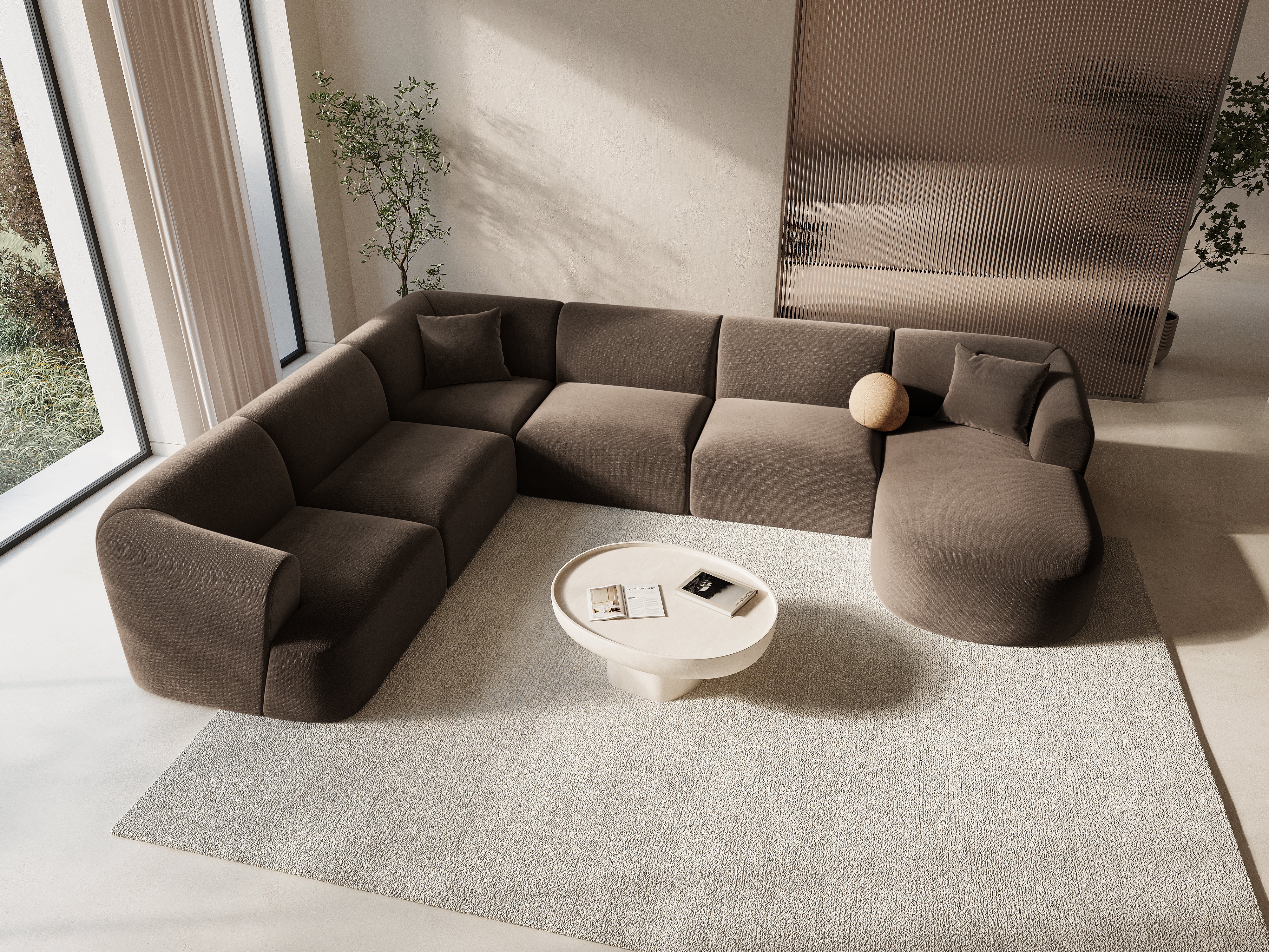 Linksseitiges, samtiges, panoramisches 7-Sitzer-Sofa CAMPI in Schokoladenfarbe