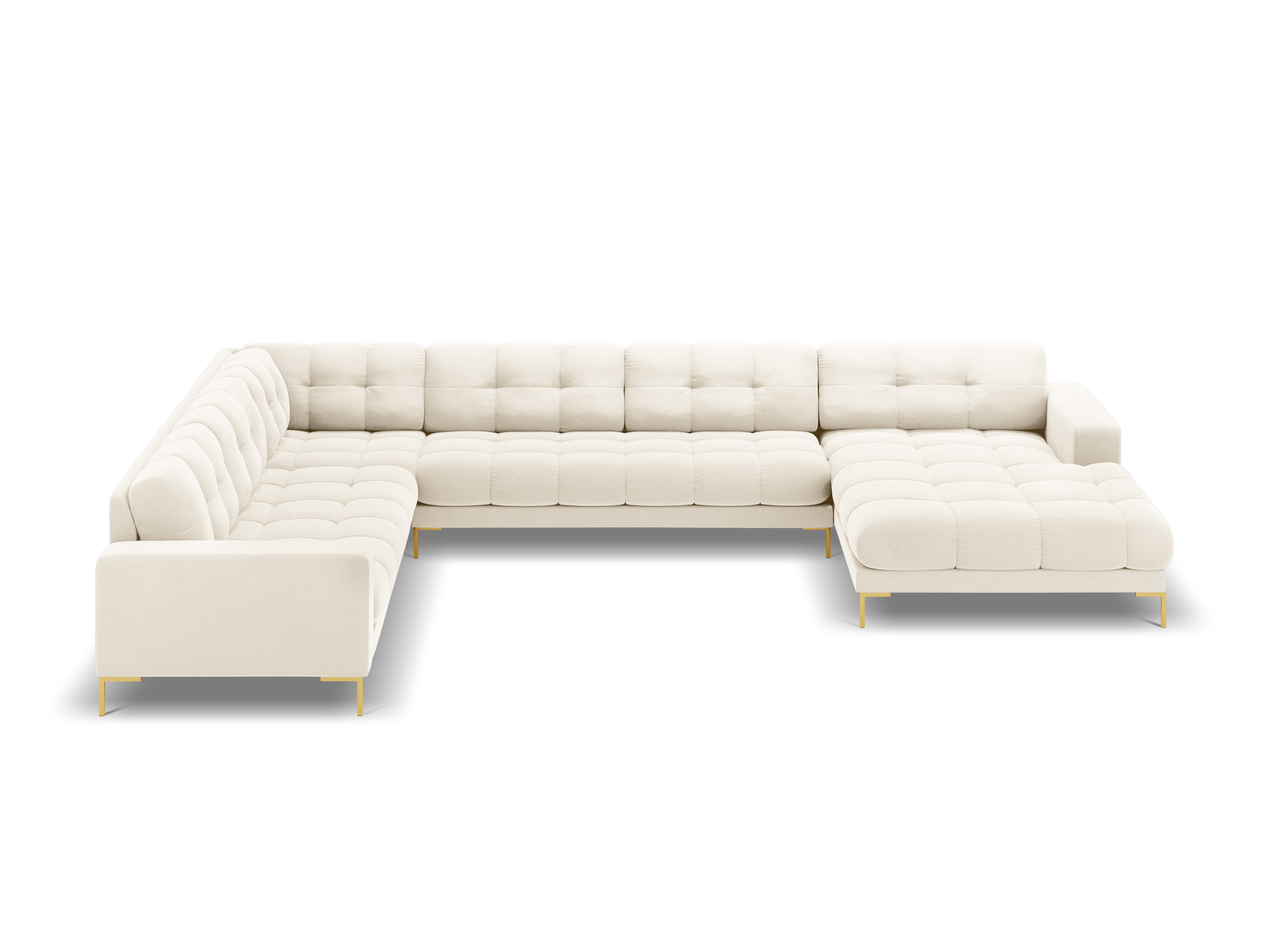 Sofa aksamitna panoramiczna lewostronna 7-osobowa BALI jasnobeżowy ze złotą podstawą Cosmopolitan Design    Eye on Design