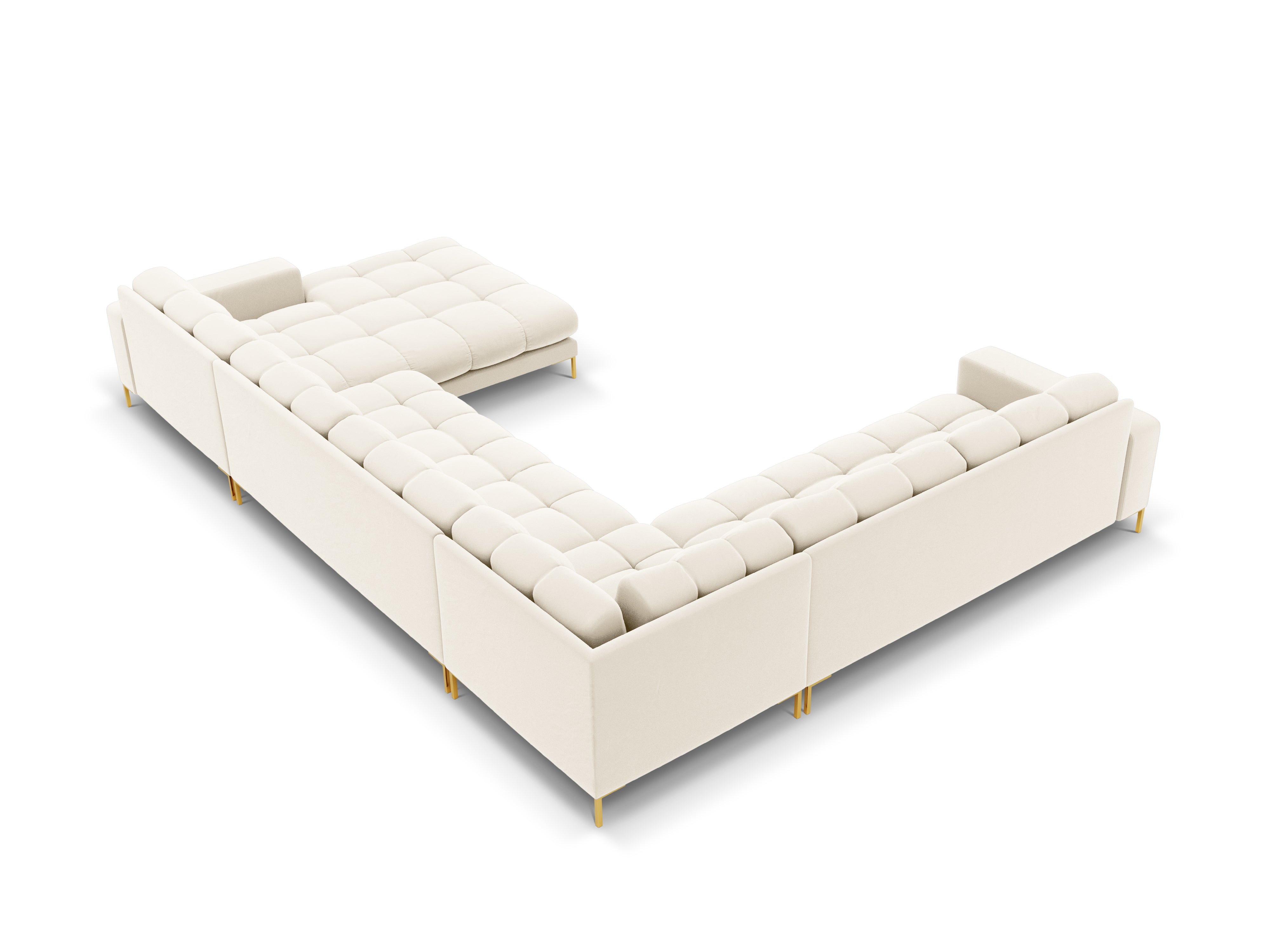 Sofa aksamitna panoramiczna lewostronna 7-osobowa BALI jasnobeżowy ze złotą podstawą Cosmopolitan Design    Eye on Design