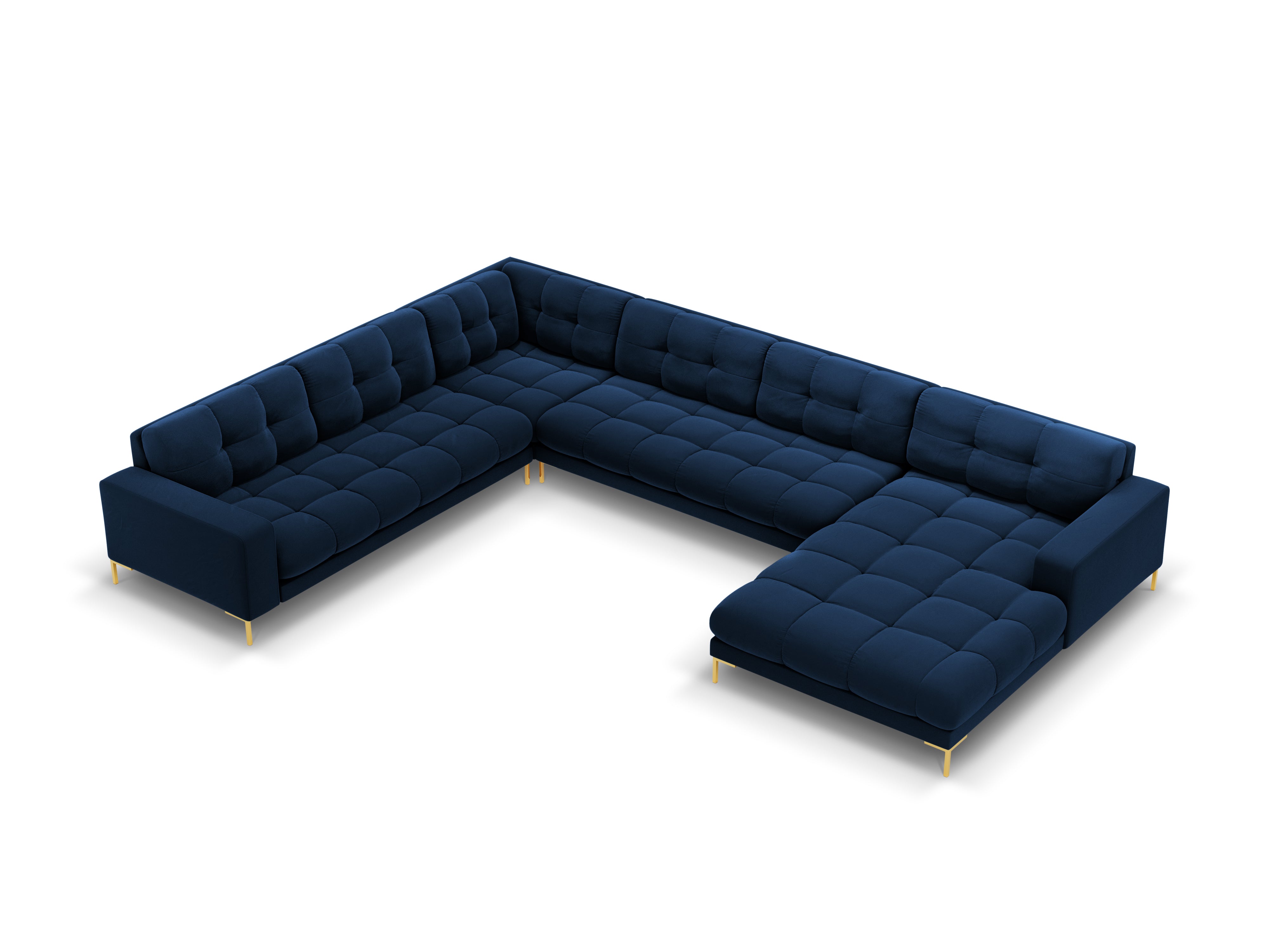 Sofa aksamitna panoramiczna lewostronna 7-osobowa BALI granat królewski ze złotą podstawą Cosmopolitan Design    Eye on Design