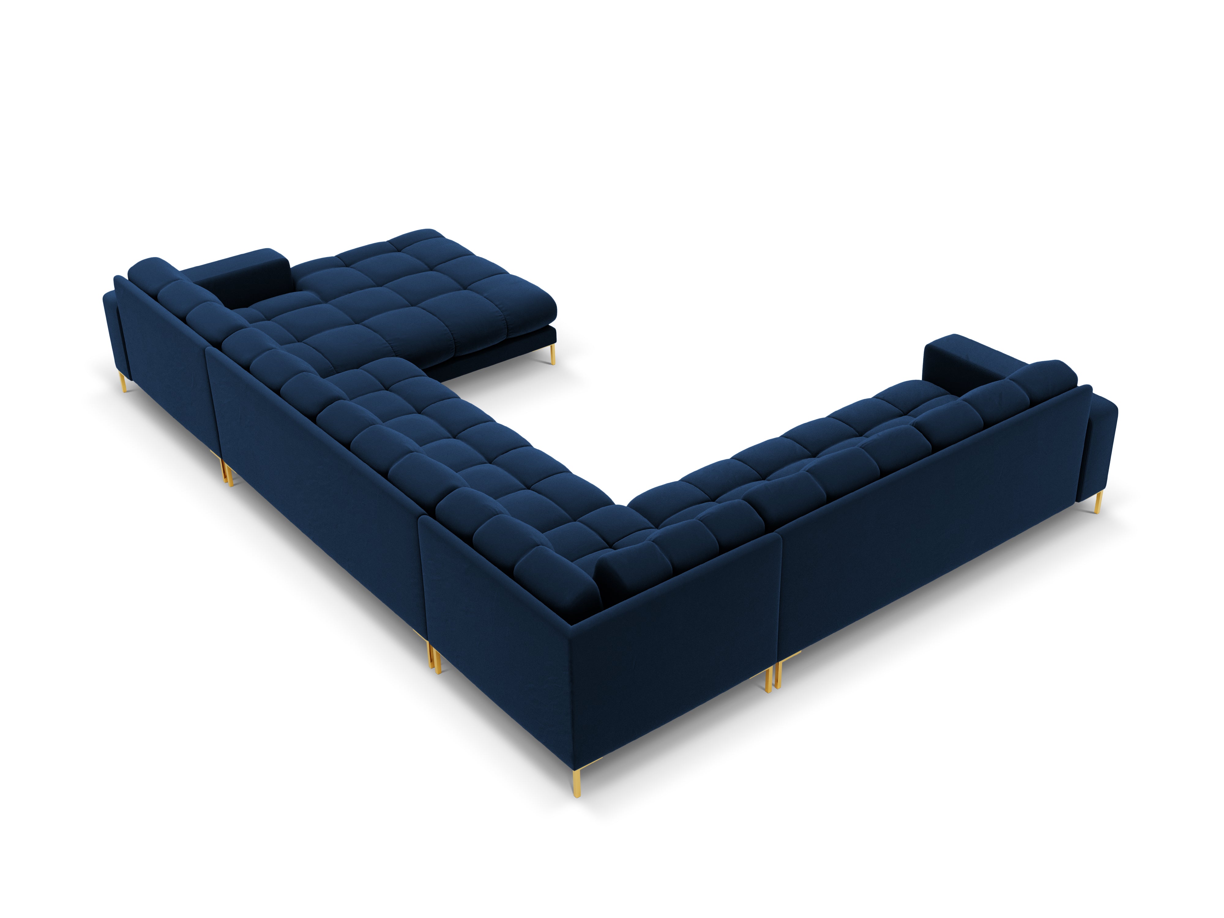 Sofa aksamitna panoramiczna lewostronna 7-osobowa BALI granat królewski ze złotą podstawą Cosmopolitan Design    Eye on Design