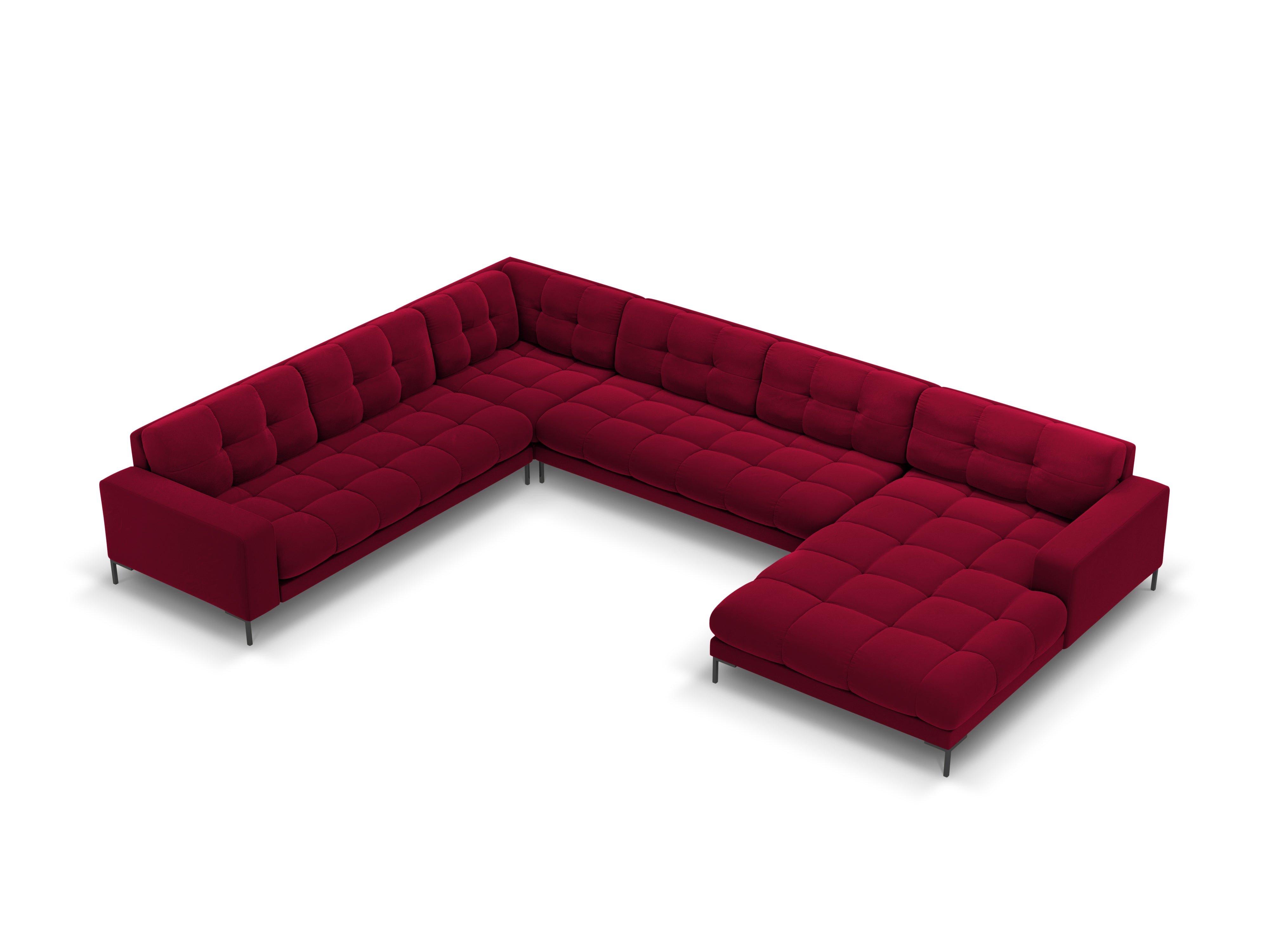 Sofa aksamitna panoramiczna lewostronna 7-osobowa BALI czerwony z czarną podstawą Cosmopolitan Design    Eye on Design