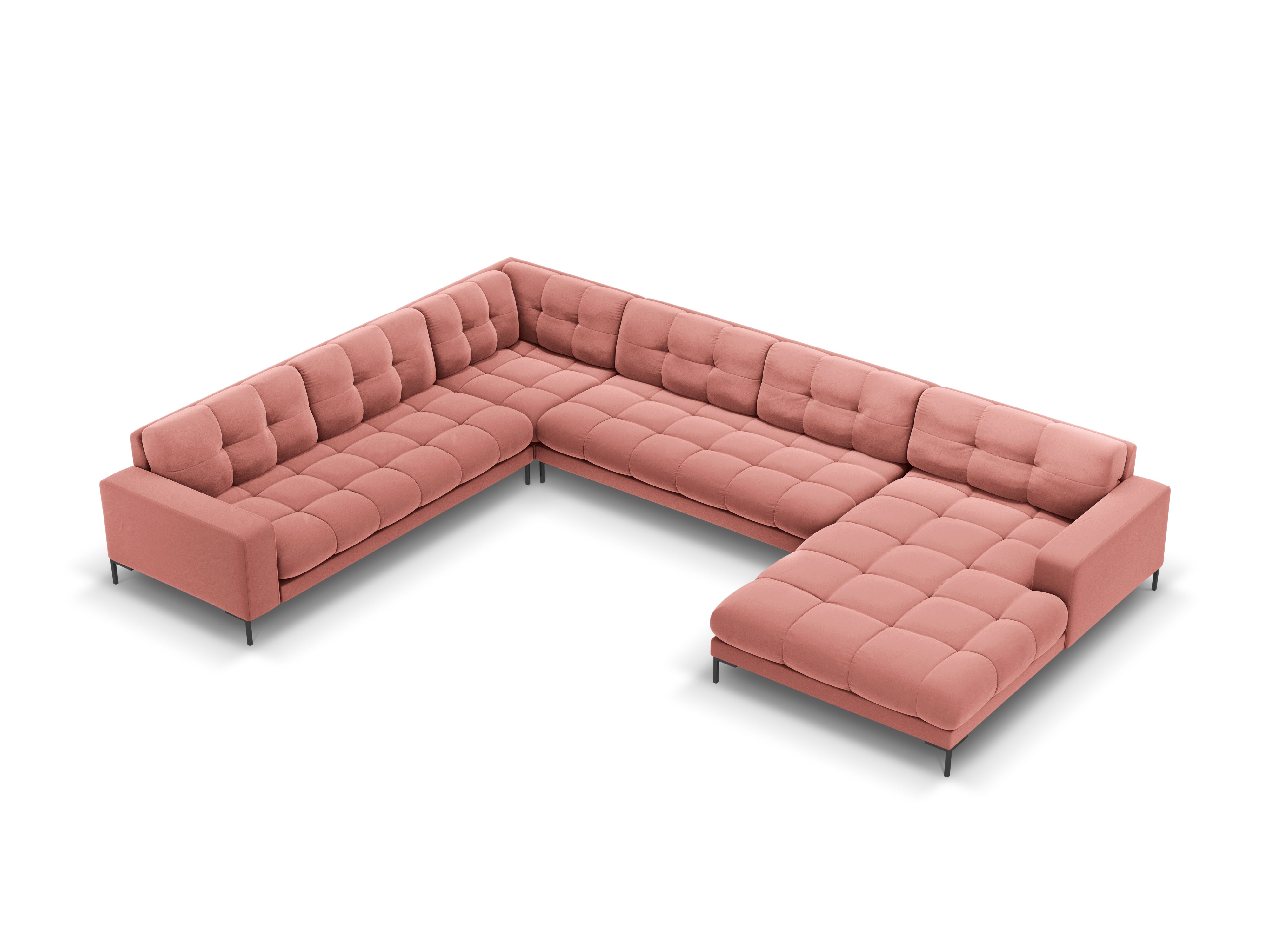 Sofa aksamitna panoramiczna lewostronna 7-osobowa BALI różowy z czarną podstawą Cosmopolitan Design    Eye on Design