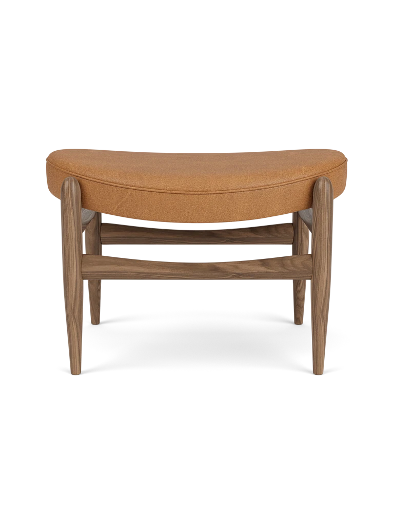 Fußhocker ELIZABETH cognacfarbene Leder mit Nussbaumfuß
